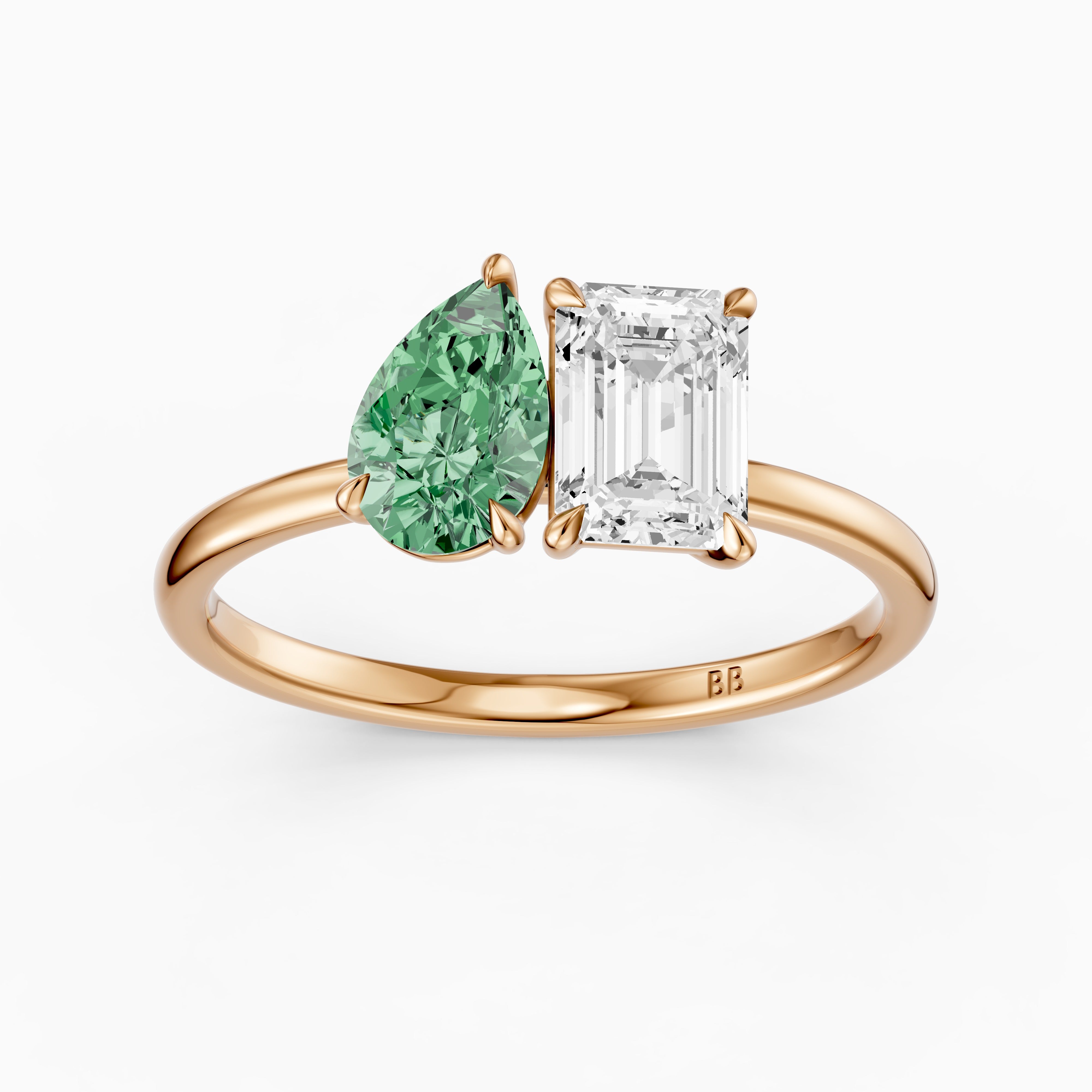 Nevena Green Pear and Emerald Cut Color Lab Grown Diamond Toi et Moi Ring