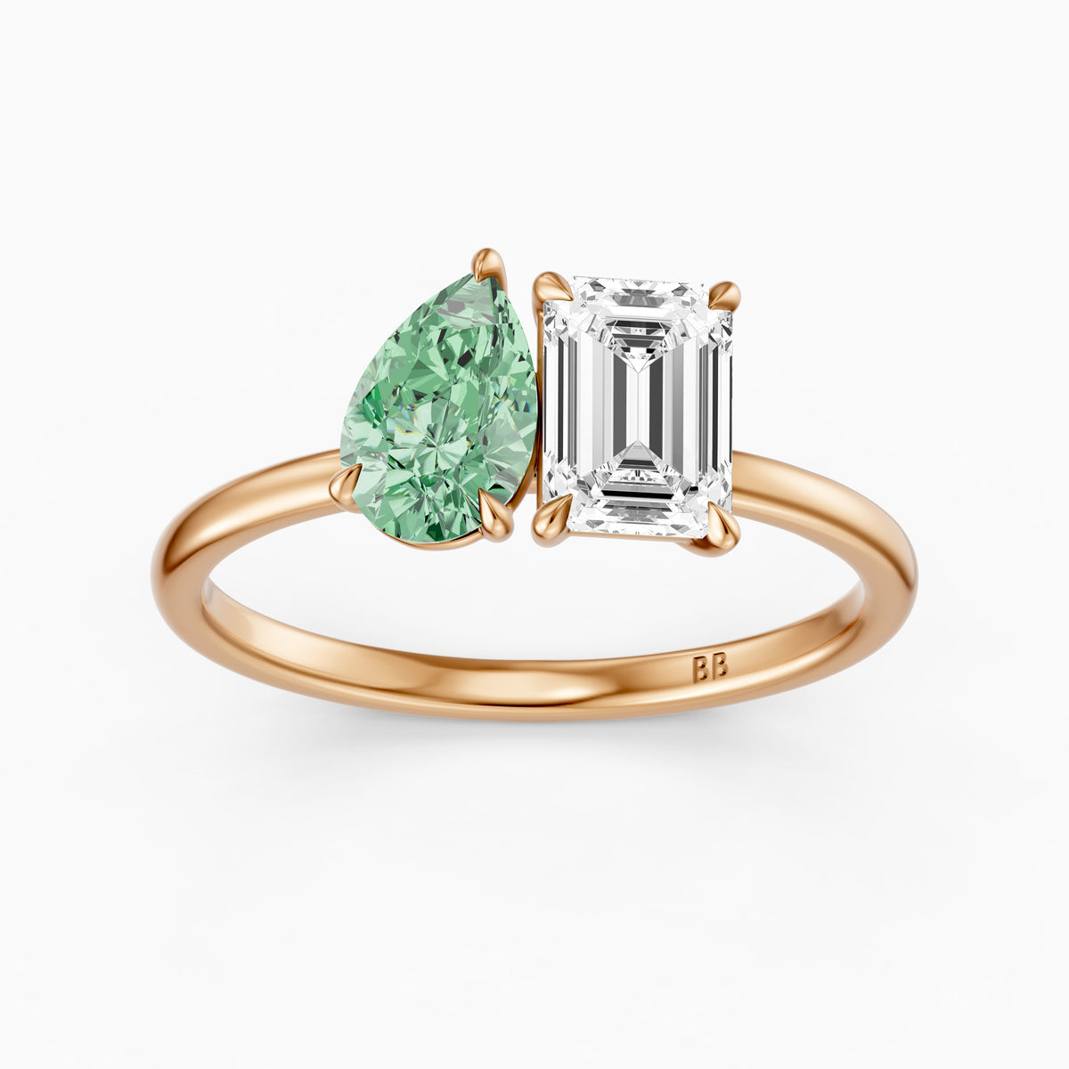 Nevena Green Pear and Emerald Cut Color Lab Grown Diamond Toi et Moi Ring