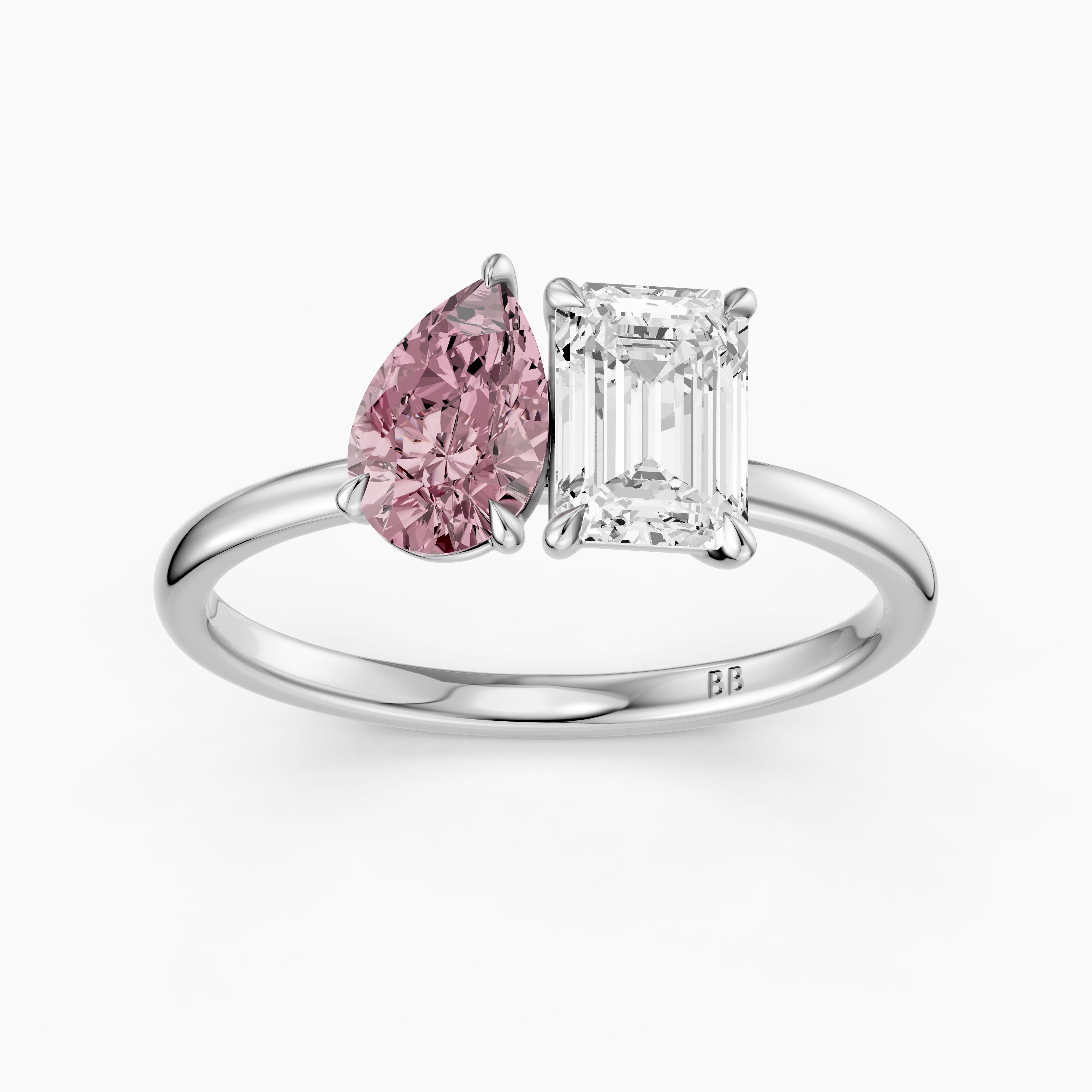 Milena Pink Pear and Emerald Cut Color Lab Grown Diamond Toi et Moi Ring
