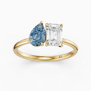 Eliska Blue Pear and Emerald Cut Color Lab Grown Diamond Toi et Moi Ring