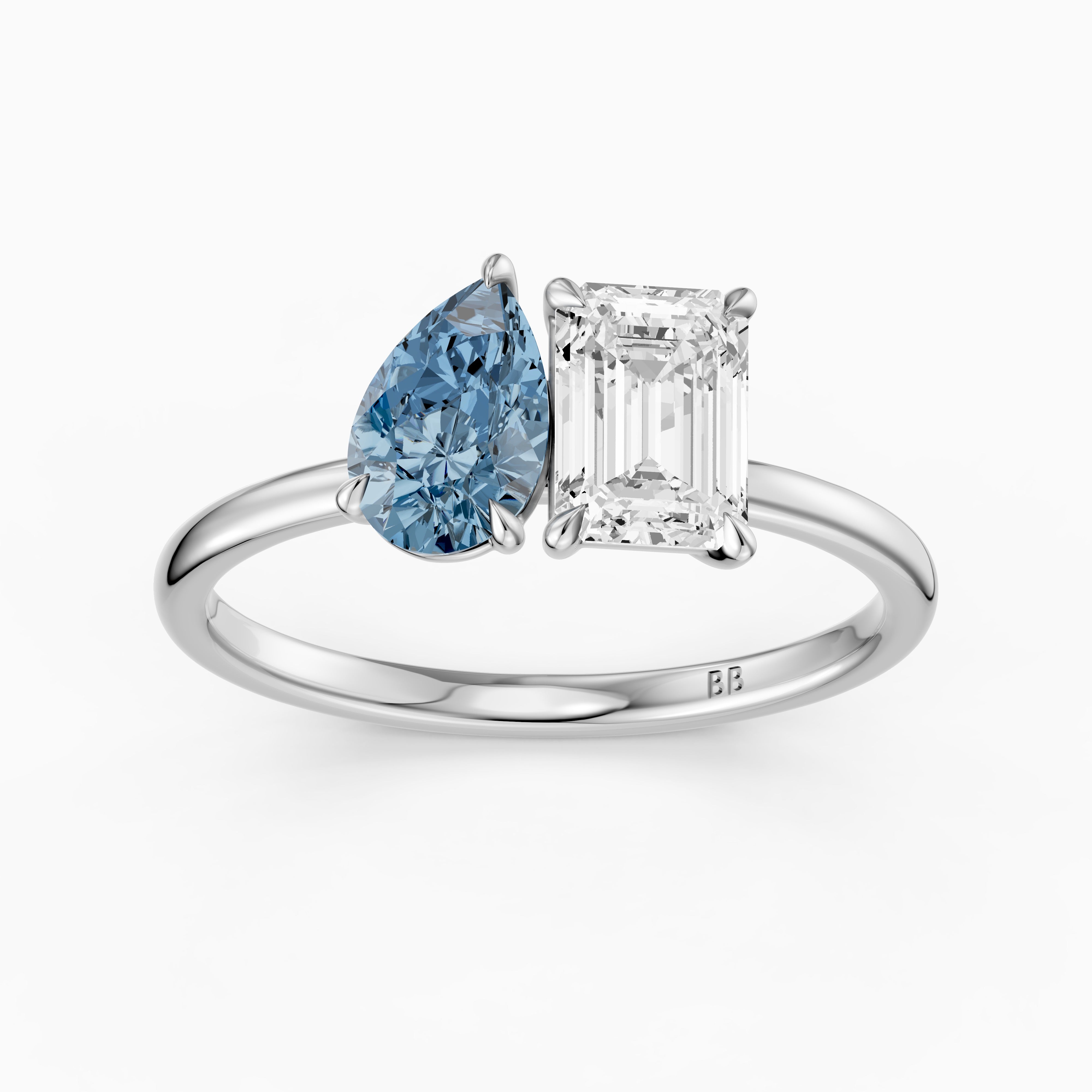 Eliska Blue Pear and Emerald Cut Color Lab Grown Diamond Toi et Moi Ring