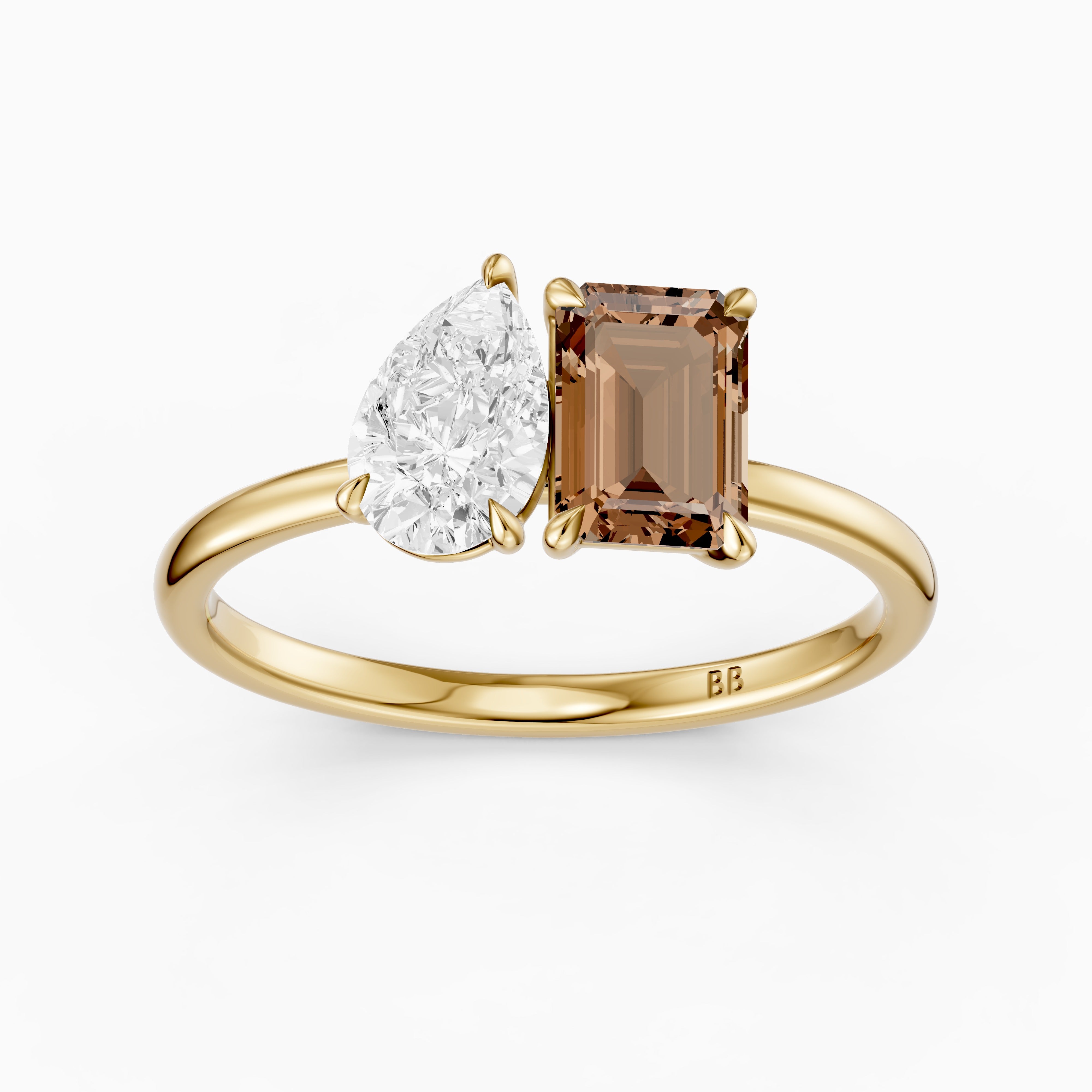 Bojana Champagne Emerald Cut and Pear Shape Color Lab Grown Diamond Toi et Moi Ring