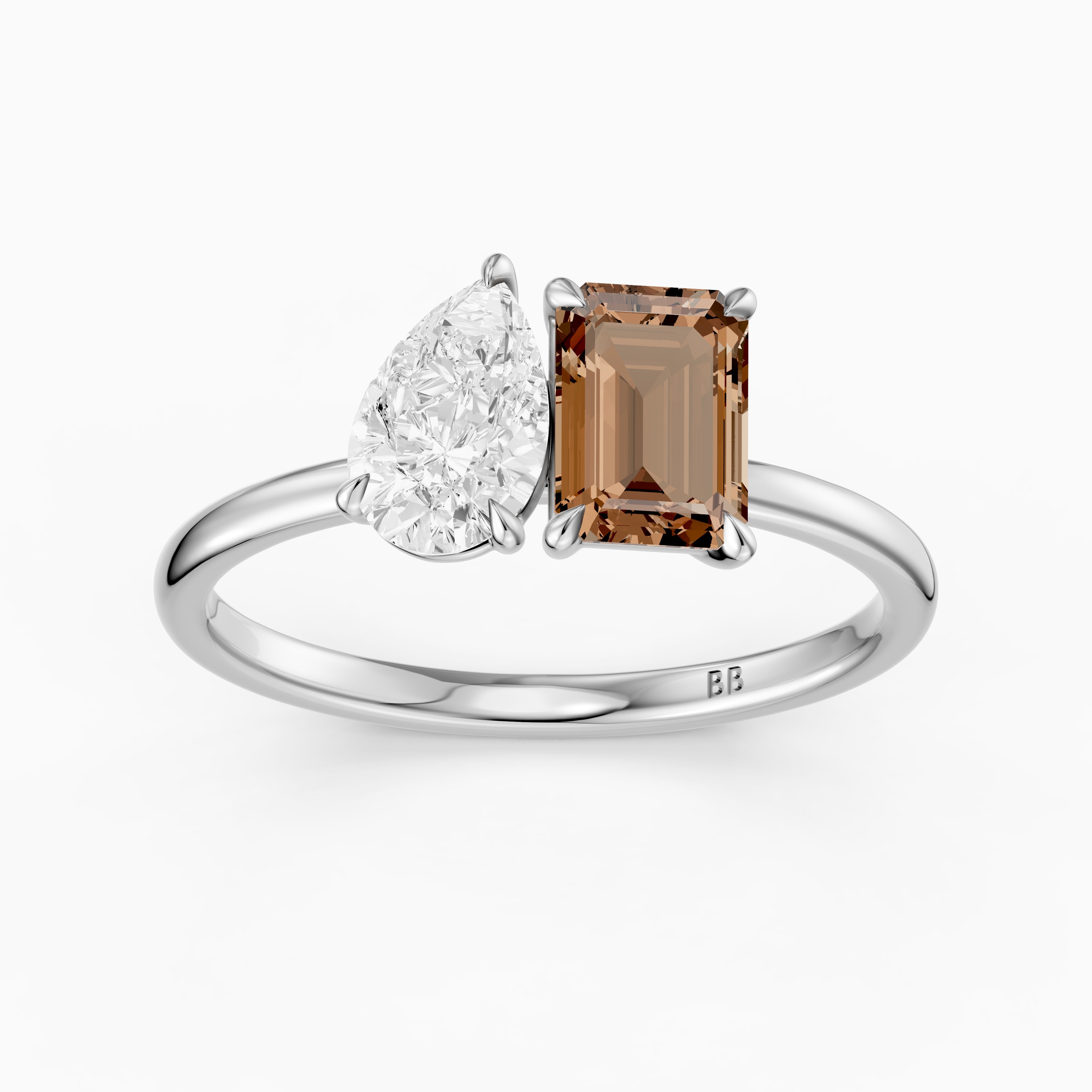 Bojana Champagne Emerald Cut and Pear Shape Color Lab Grown Diamond Toi et Moi Ring