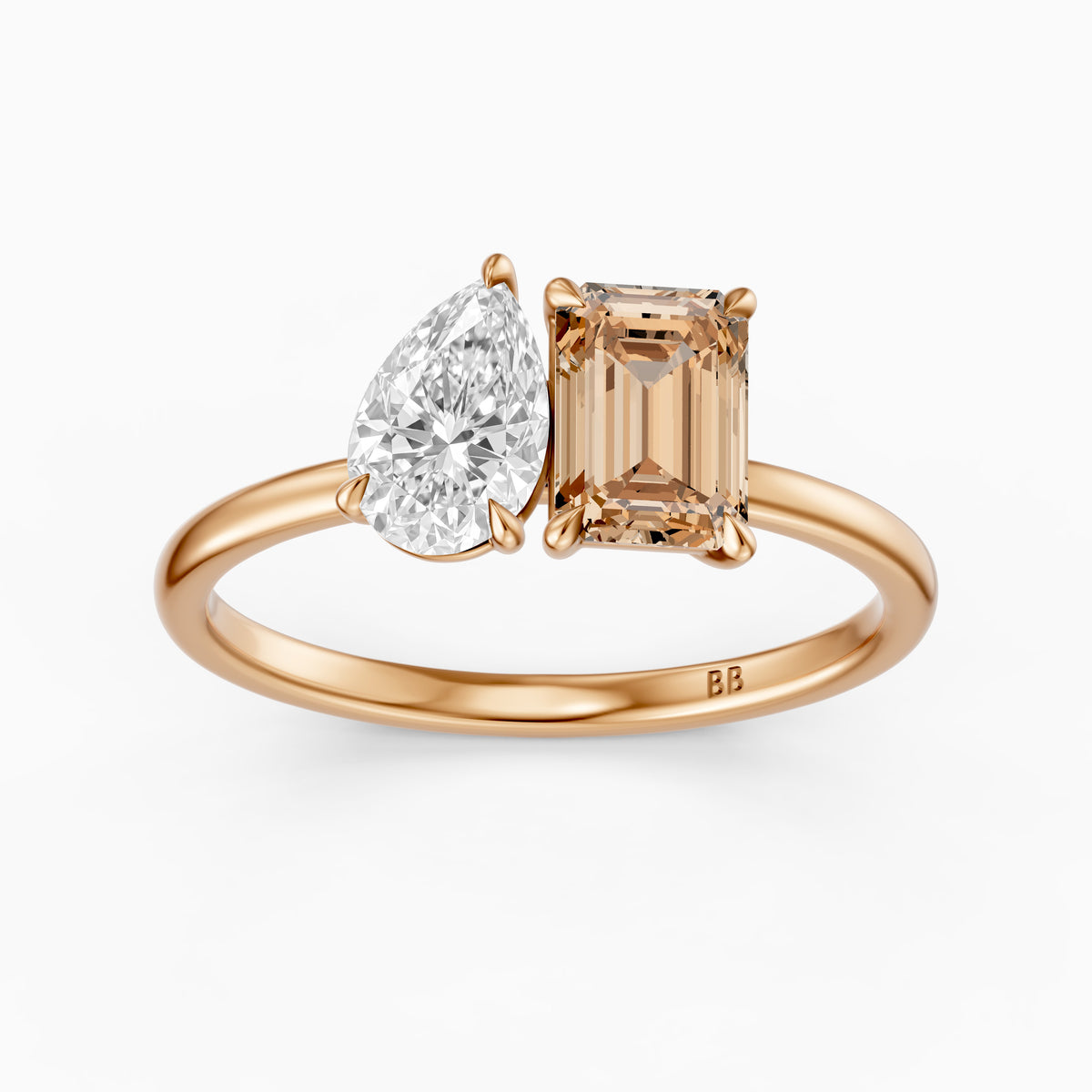 Bojana Champagne Emerald Cut and Pear Shape Color Lab Grown Diamond Toi et Moi Ring