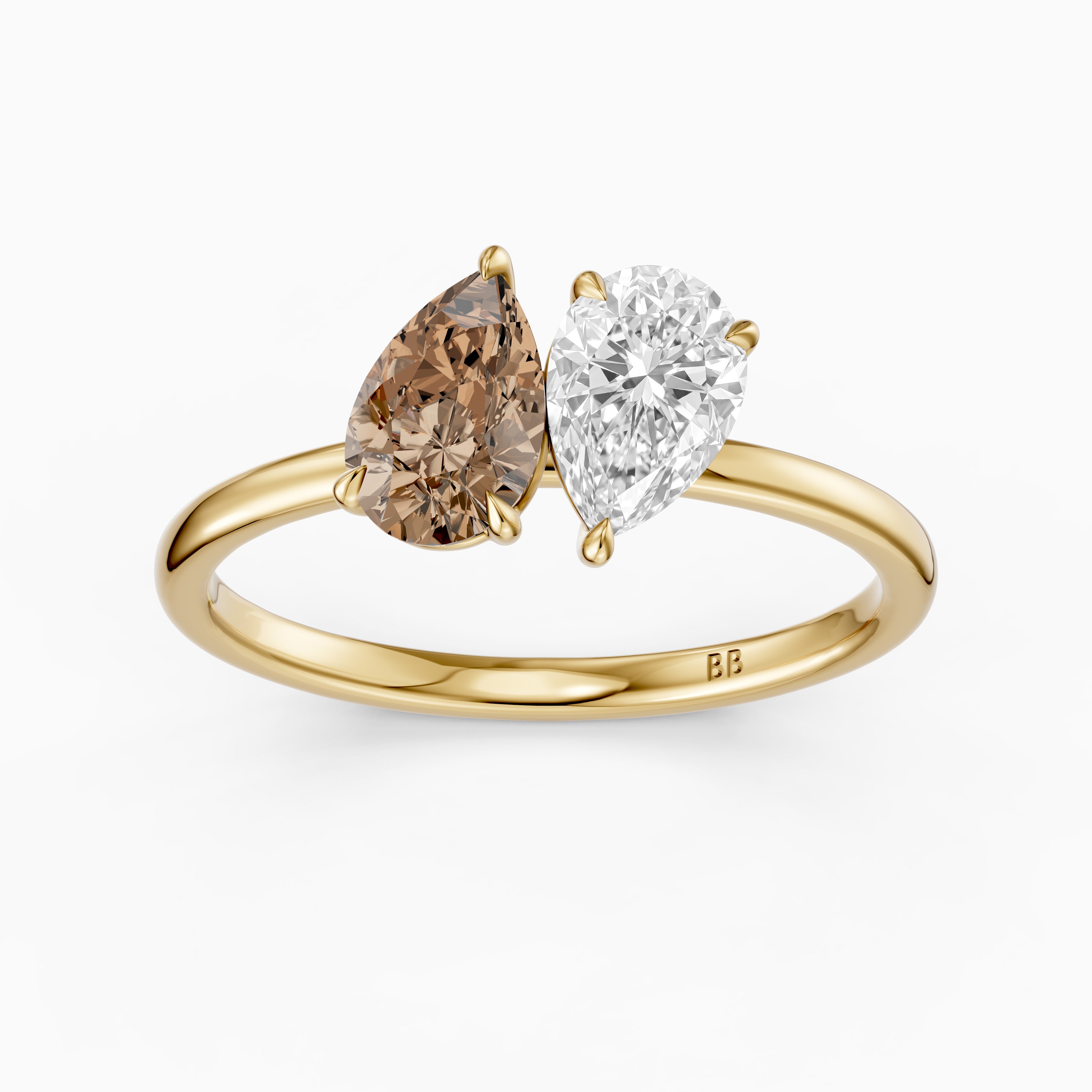 Alba Champagne and White Both Pear Cut Color Lab Grown Diamond Toi et Moi Ring