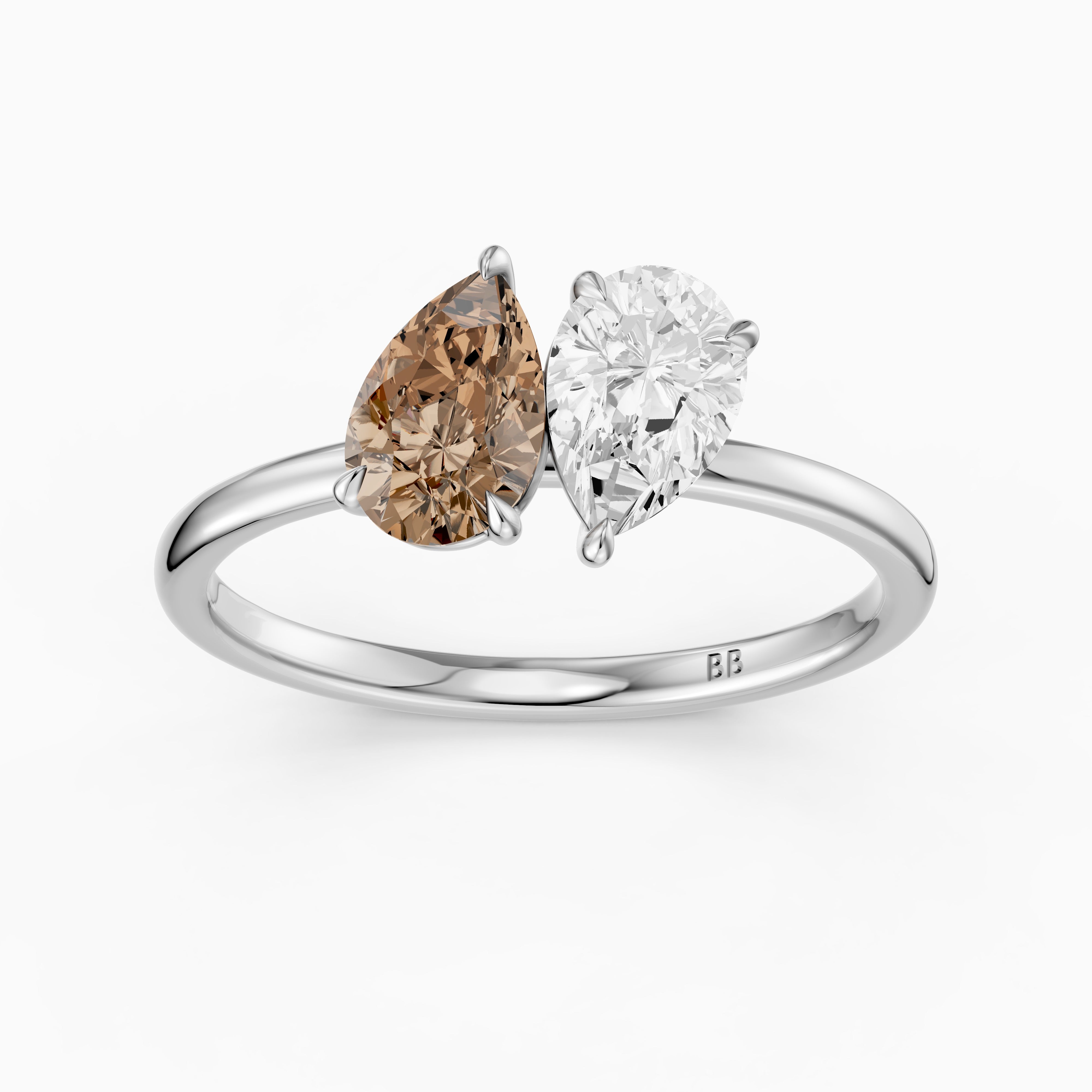 Alba Champagne and White Both Pear Cut Color Lab Grown Diamond Toi et Moi Ring