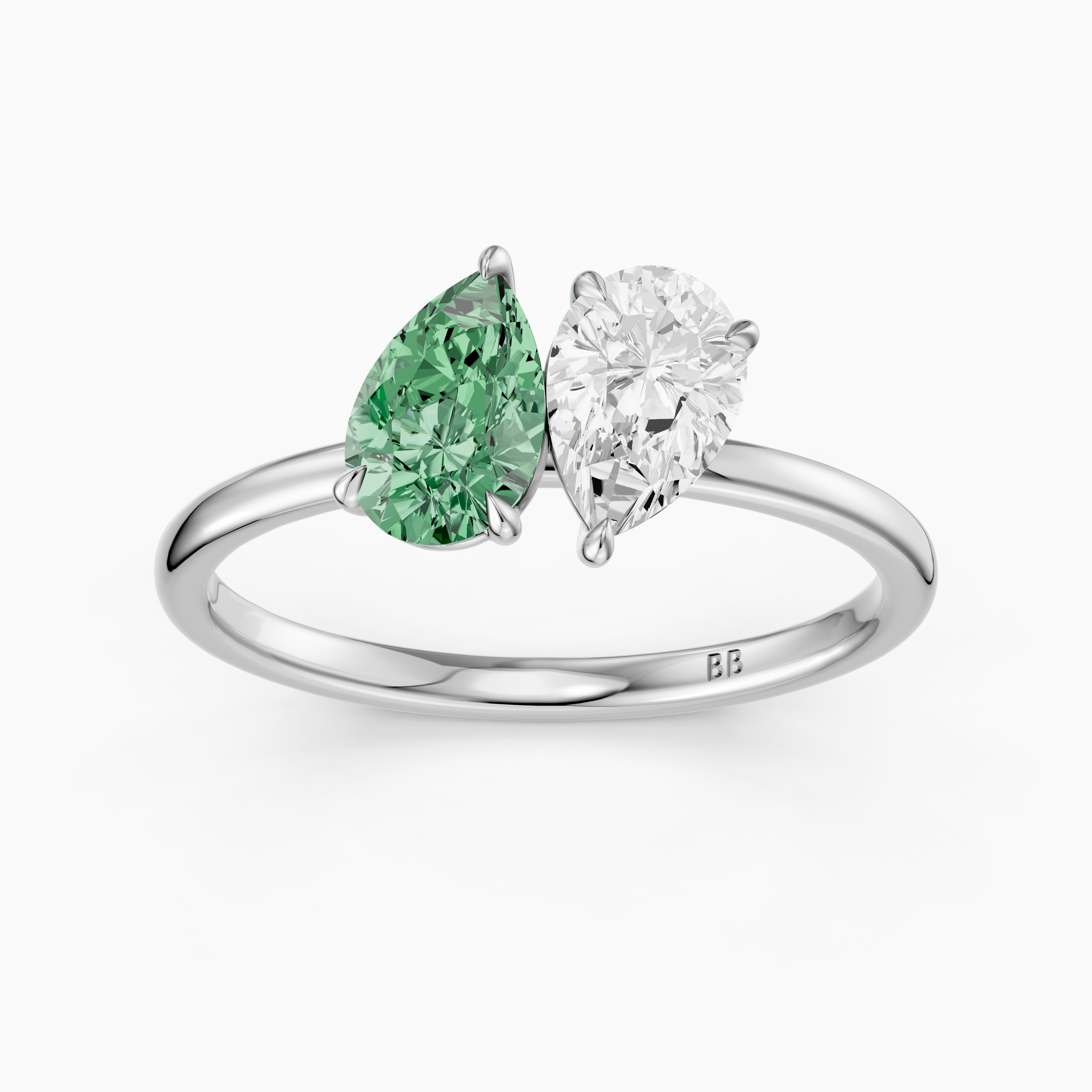 Asta Green and White Both Pear Cut Color Lab Grown Diamond Toi et Moi Ring