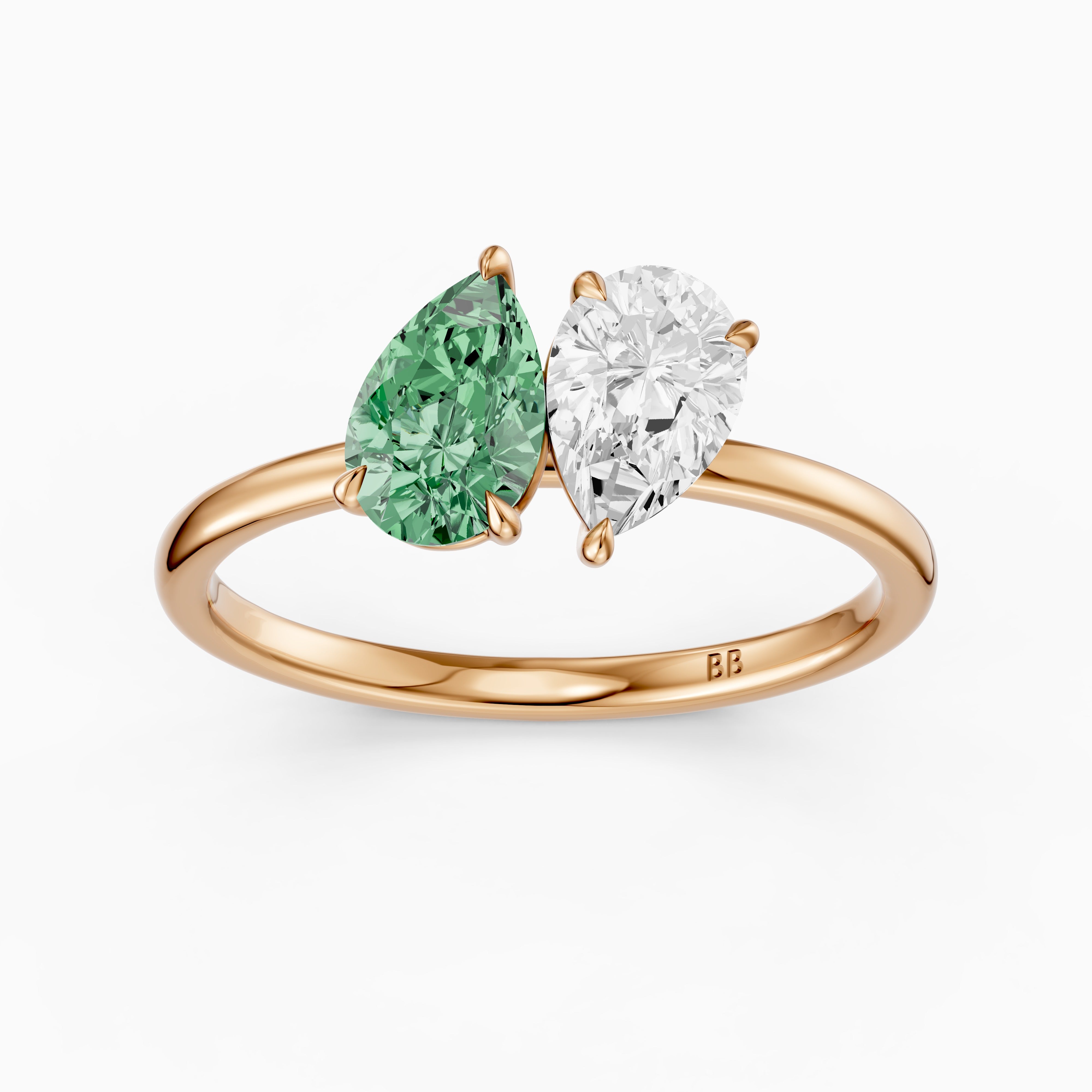 Asta Green and White Both Pear Cut Color Lab Grown Diamond Toi et Moi Ring