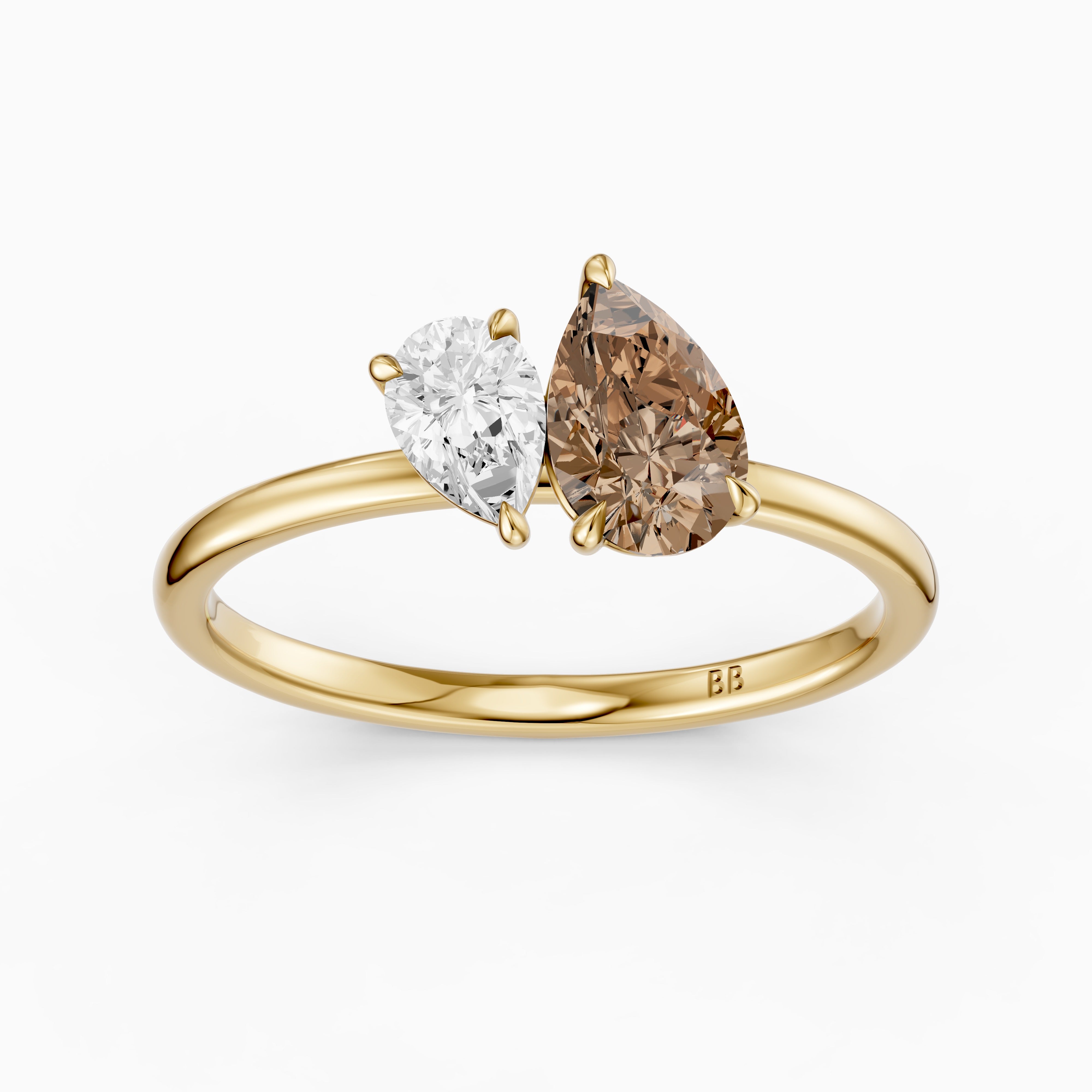 Fenna Champagne and White Graduated Pear Shape Color Lab Grown Diamond Toi et Moi Ring