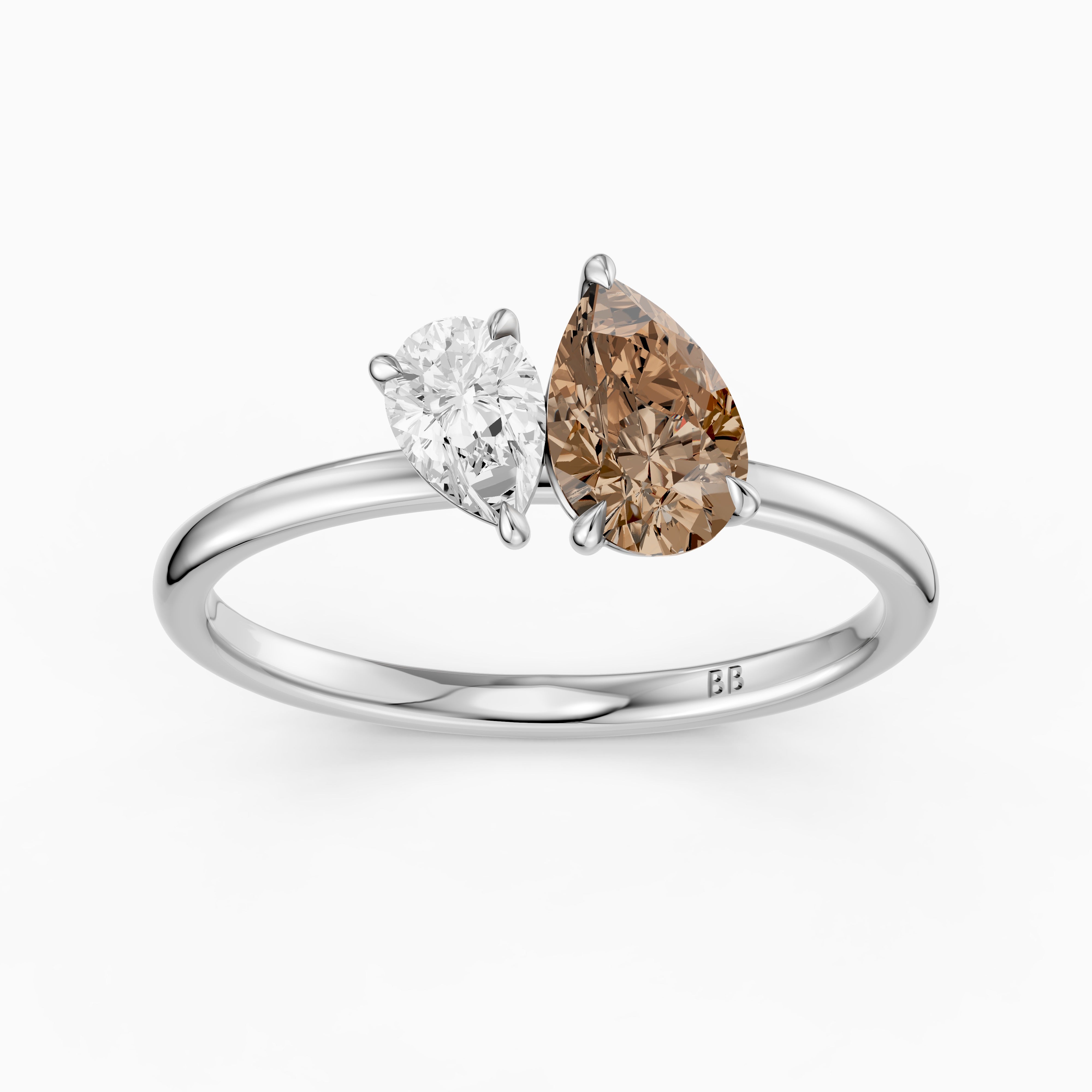 Fenna Champagne and White Graduated Pear Shape Color Lab Grown Diamond Toi et Moi Ring