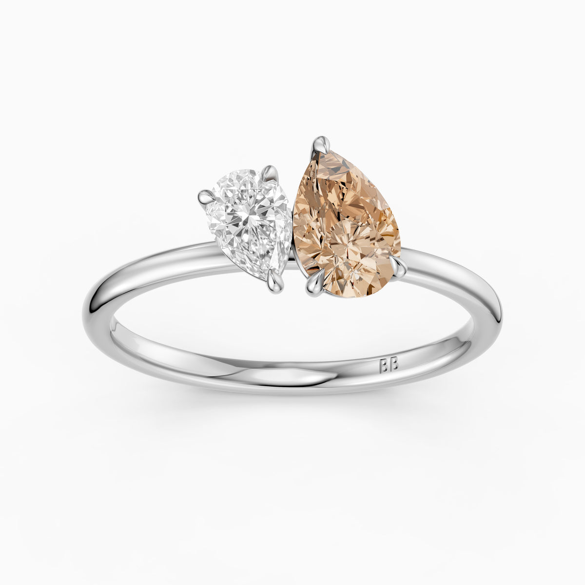 Fenna Champagne and White Graduated Pear Shape Color Lab Grown Diamond Toi et Moi Ring