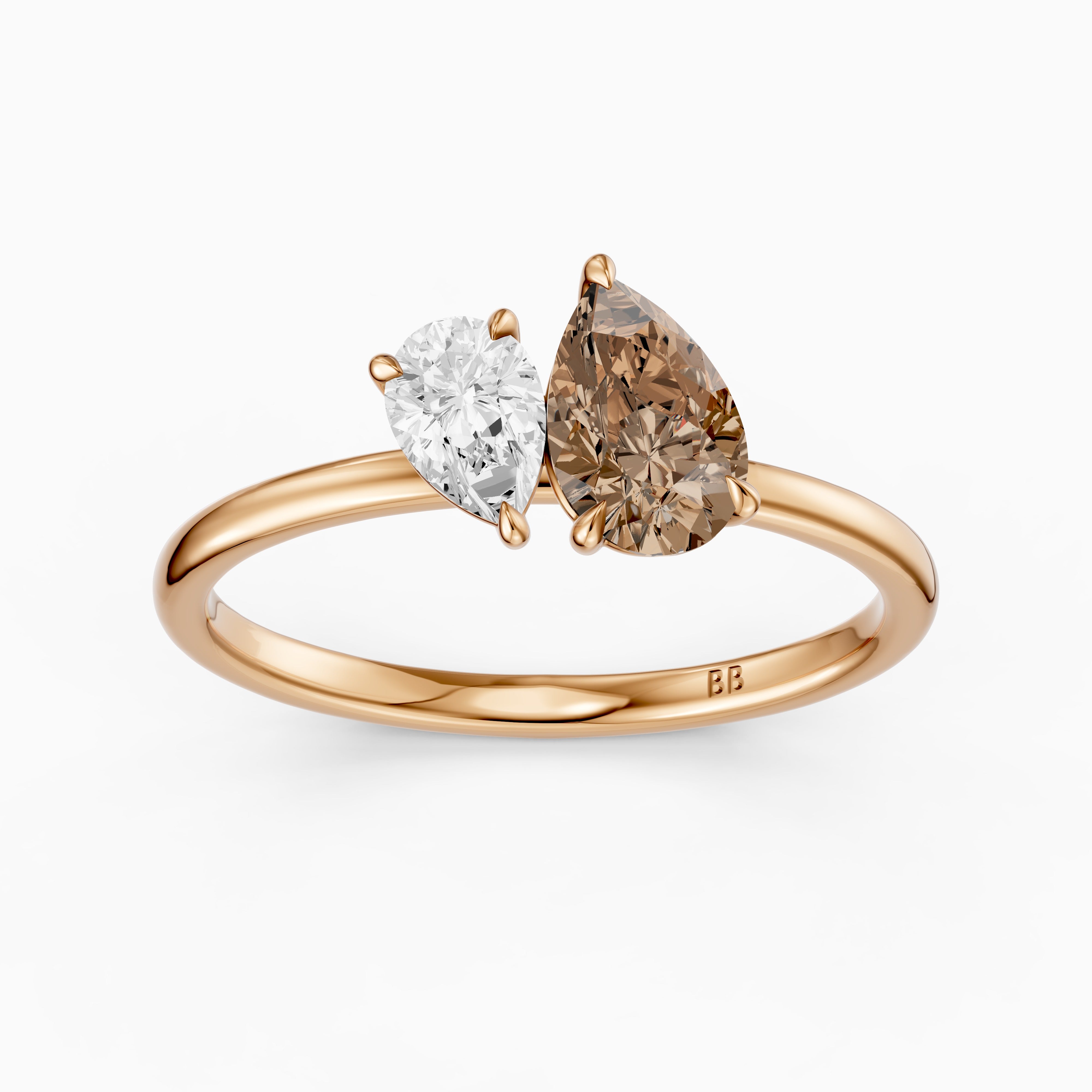 Fenna Champagne and White Graduated Pear Shape Color Lab Grown Diamond Toi et Moi Ring