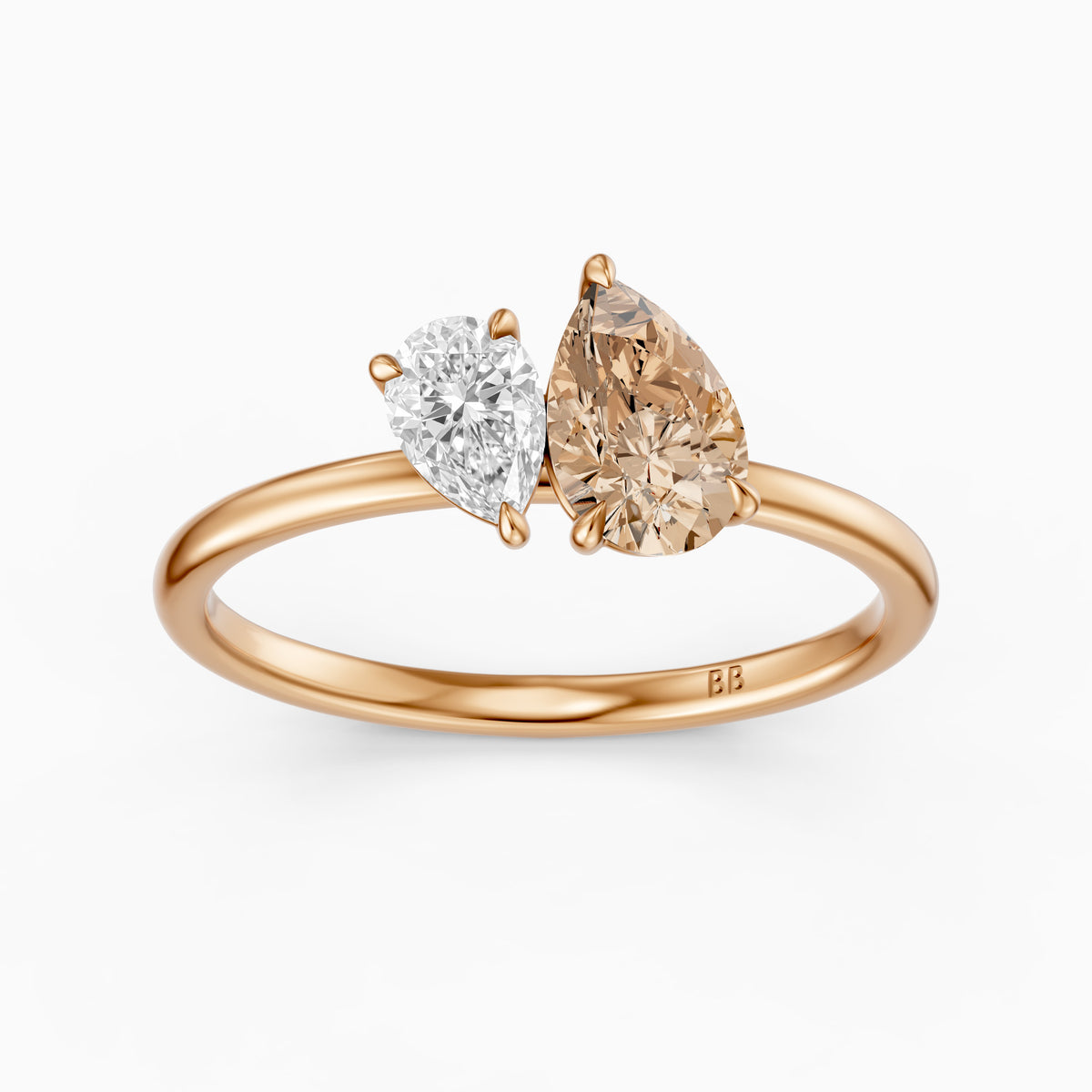 Fenna Champagne and White Graduated Pear Shape Color Lab Grown Diamond Toi et Moi Ring