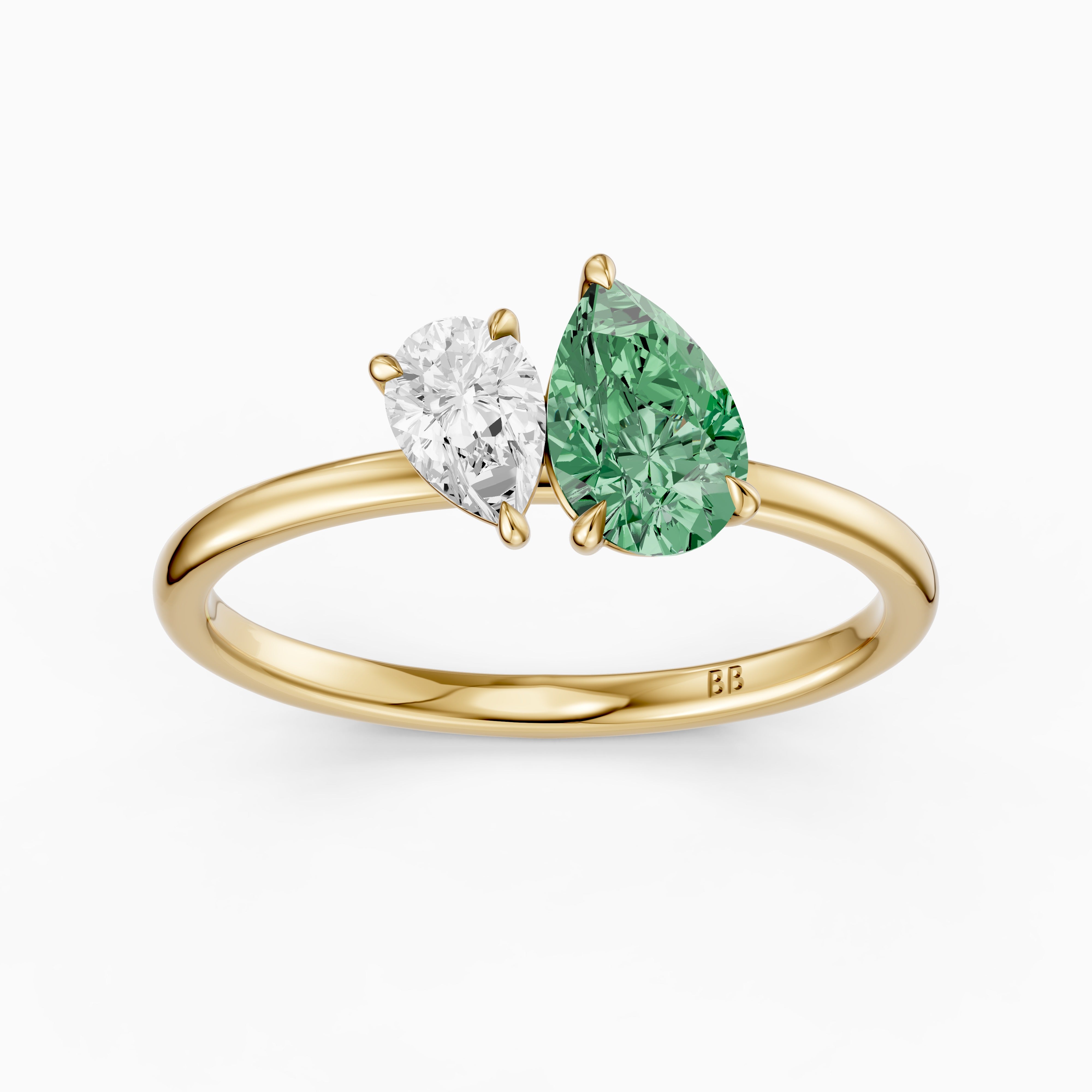 Irina Green and White Graduated Pear Shape Color Lab Grown Diamond Toi et Moi Ring