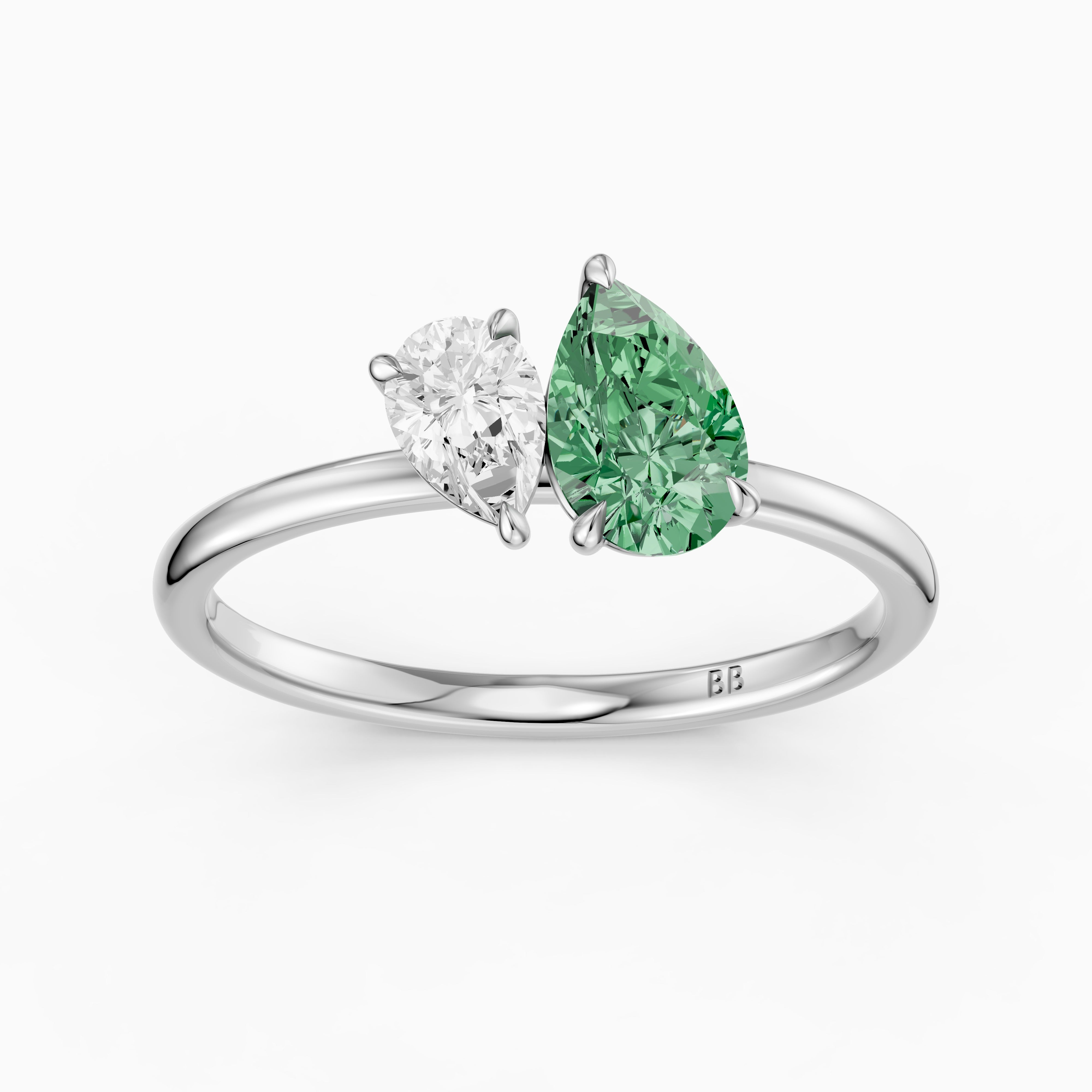 Irina Green and White Graduated Pear Shape Color Lab Grown Diamond Toi et Moi Ring