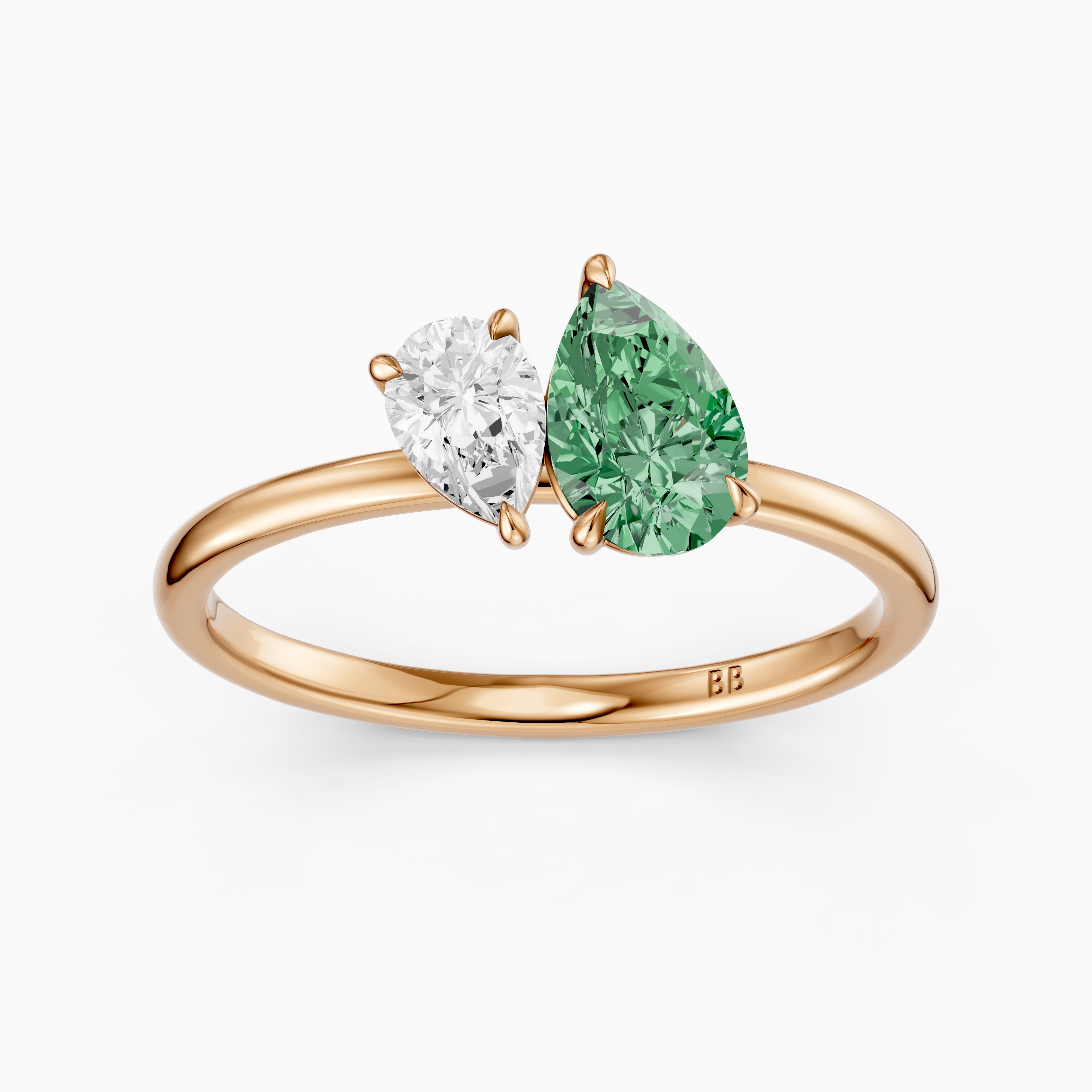 Irina Green and White Graduated Pear Shape Color Lab Grown Diamond Toi et Moi Ring