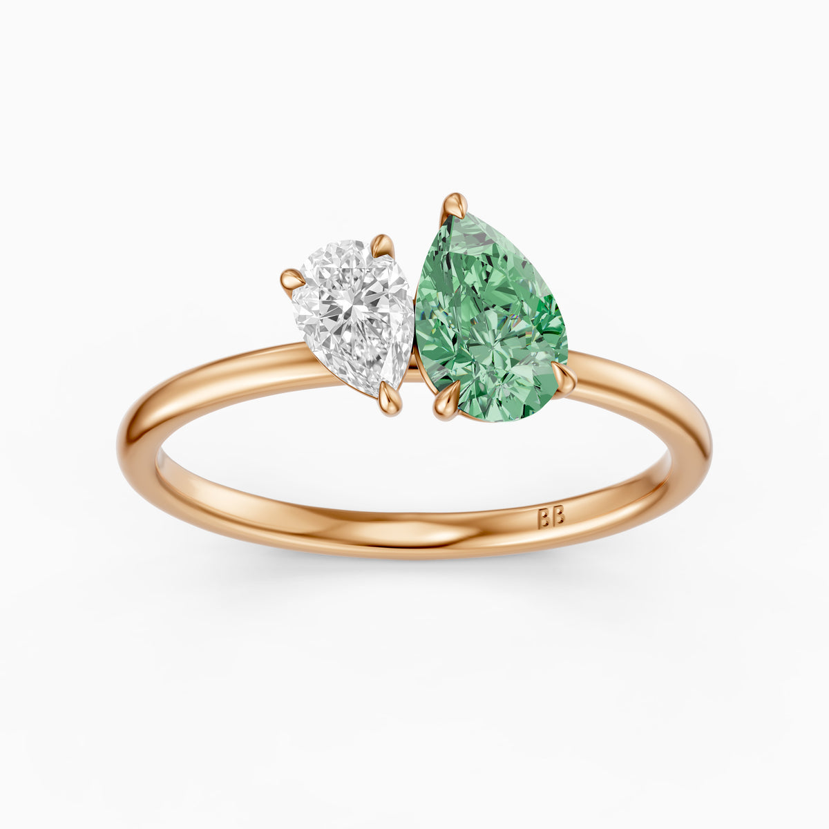 Irina Green and White Graduated Pear Shape Color Lab Grown Diamond Toi et Moi Ring