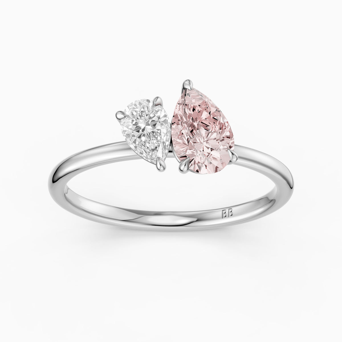 Kasia Pink and White Graduated Pear Shape Color Lab Grown Diamond Toi et Moi Ring