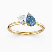 Livia Blue and White Graduated Pear Shape Color Lab Grown Diamond Toi et Moi Ring