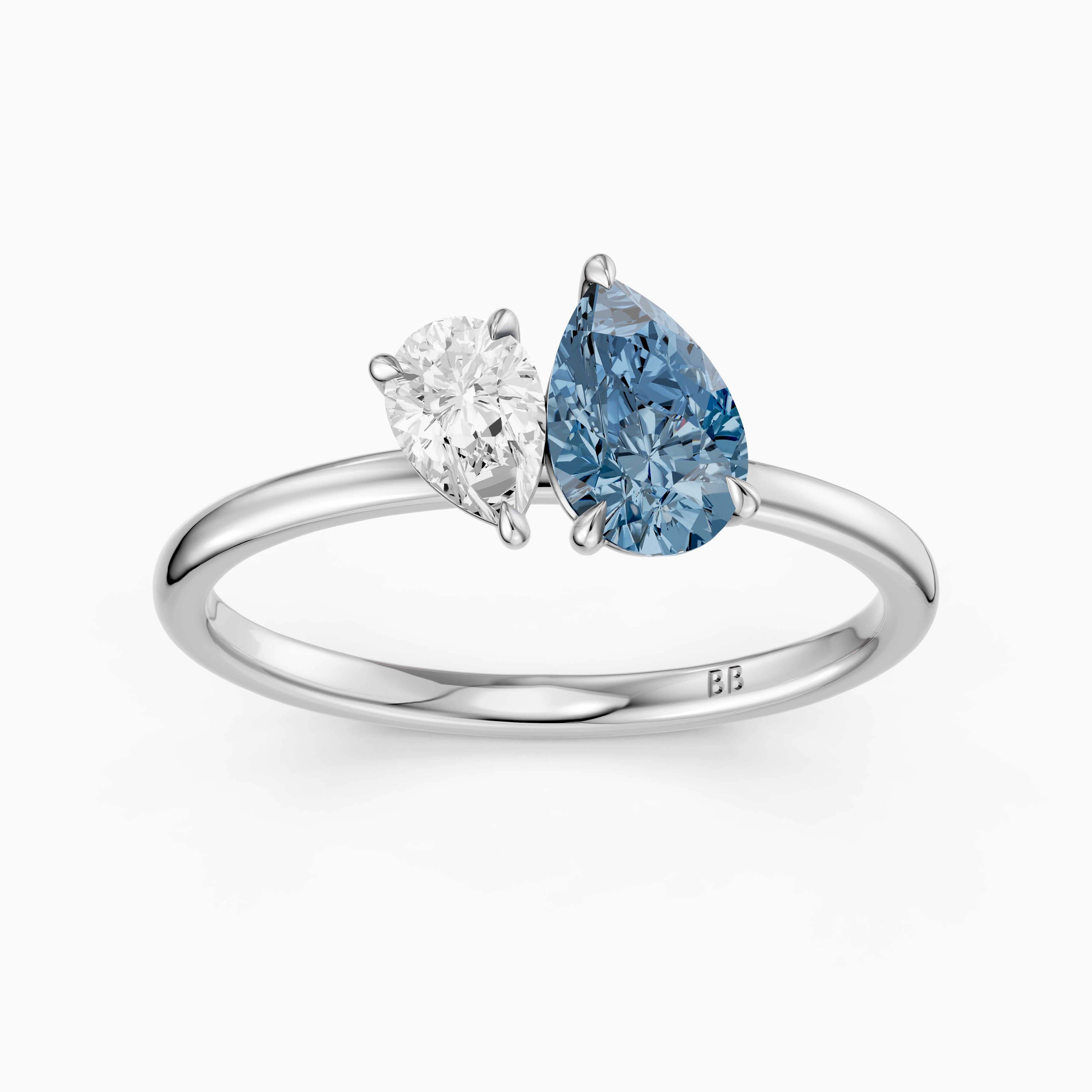 Livia Blue and White Graduated Pear Shape Color Lab Grown Diamond Toi et Moi Ring