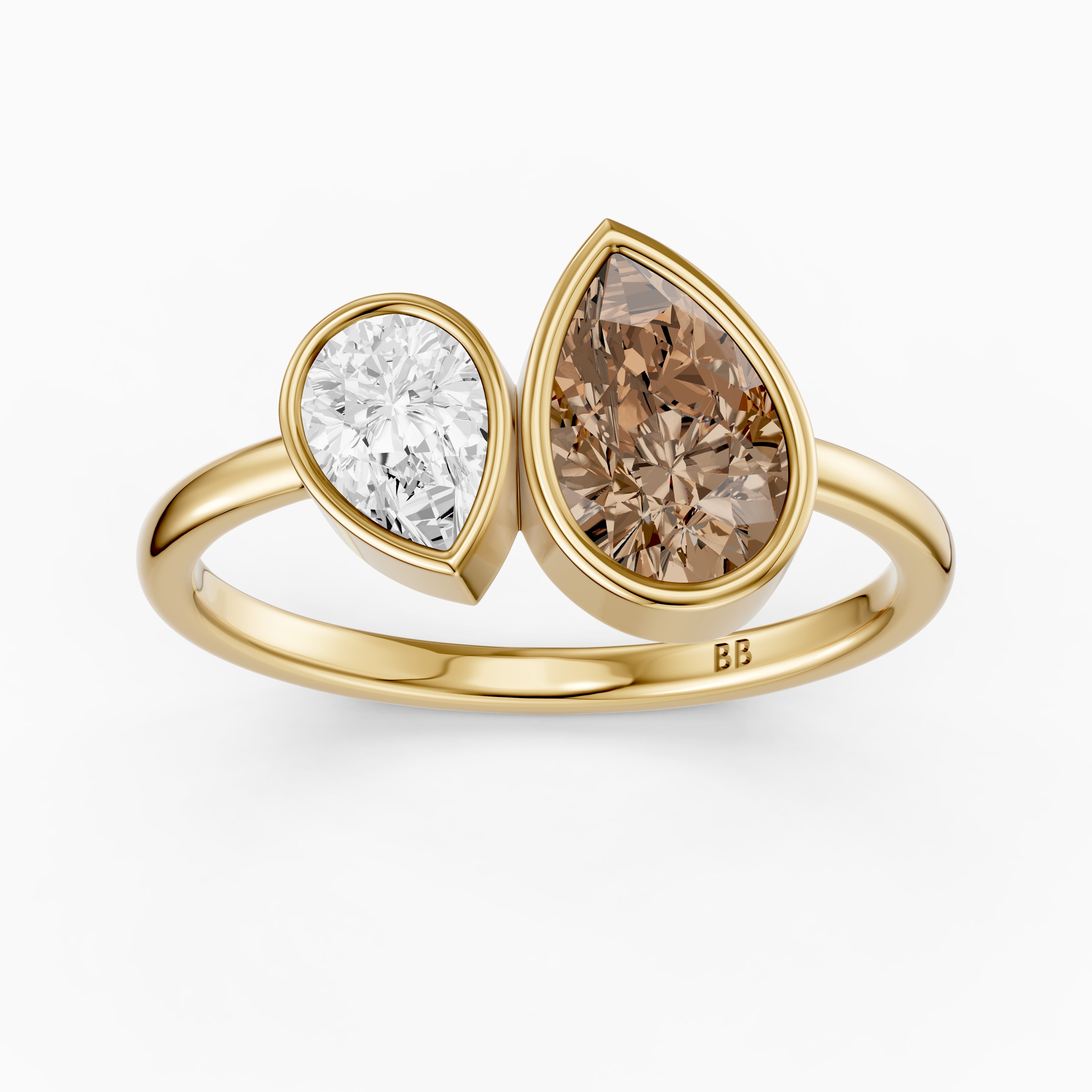 Ottilie Champagne and White Pear Cut Colored Lab Grown Diamond Toi et Moi Bezel Ring