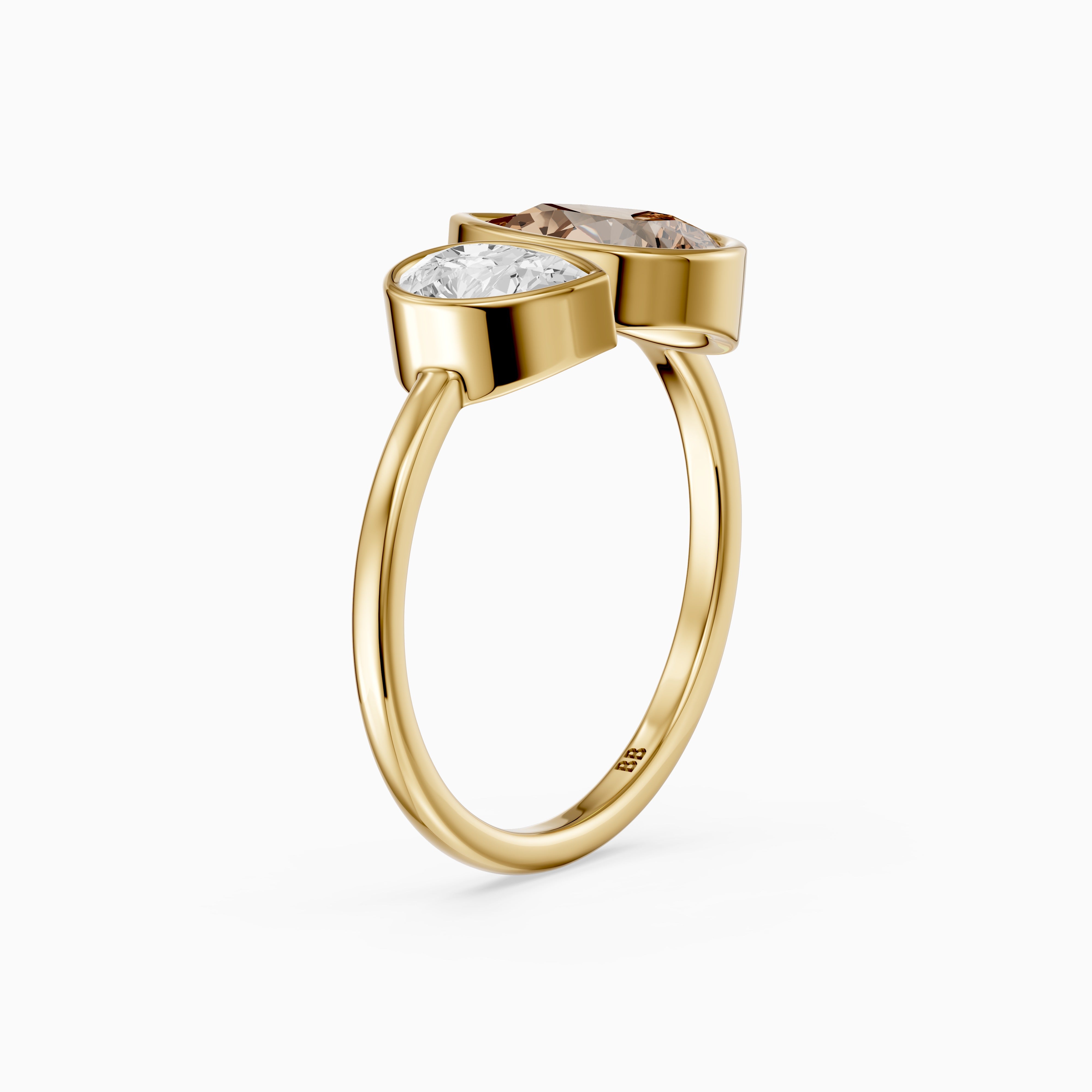 Ottilie Champagne and White Pear Cut Colored Lab Grown Diamond Toi et Moi Bezel Ring