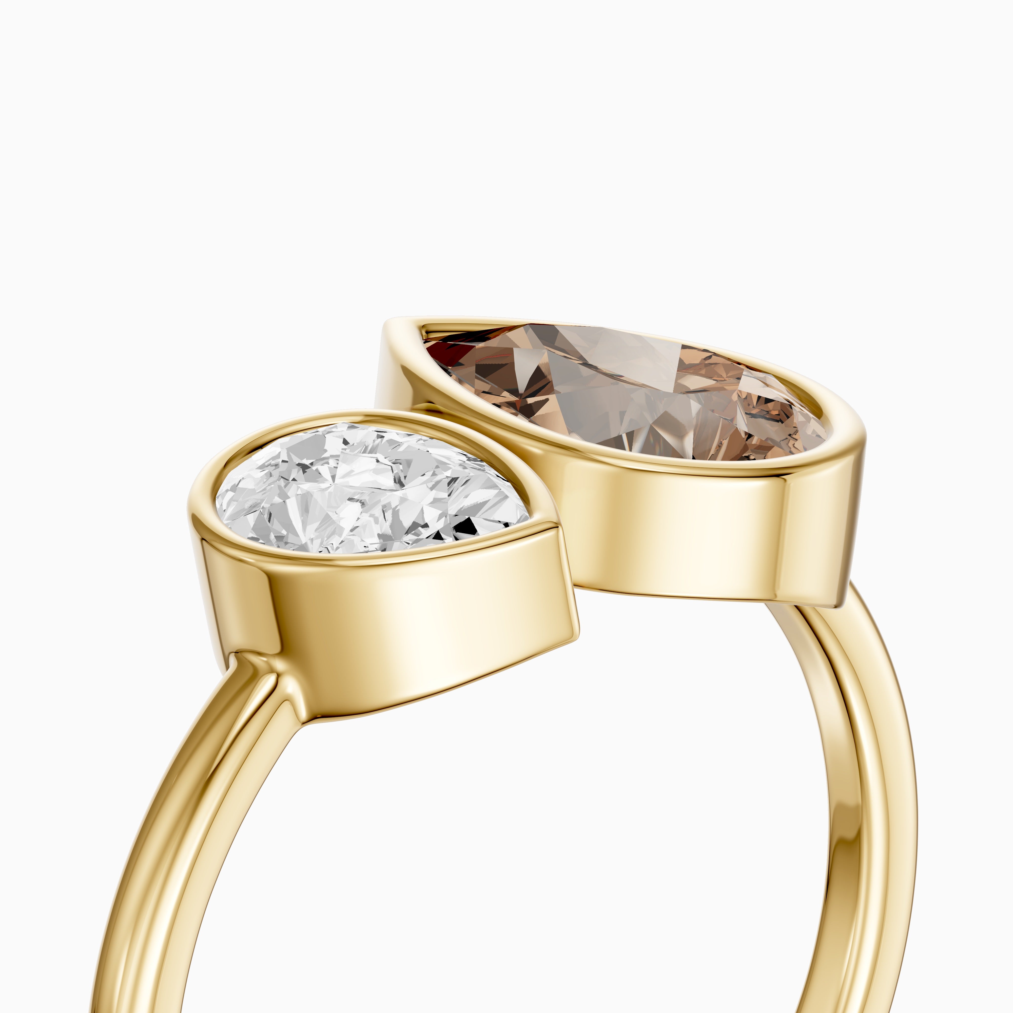 Ottilie Champagne and White Pear Cut Colored Lab Grown Diamond Toi et Moi Bezel Ring