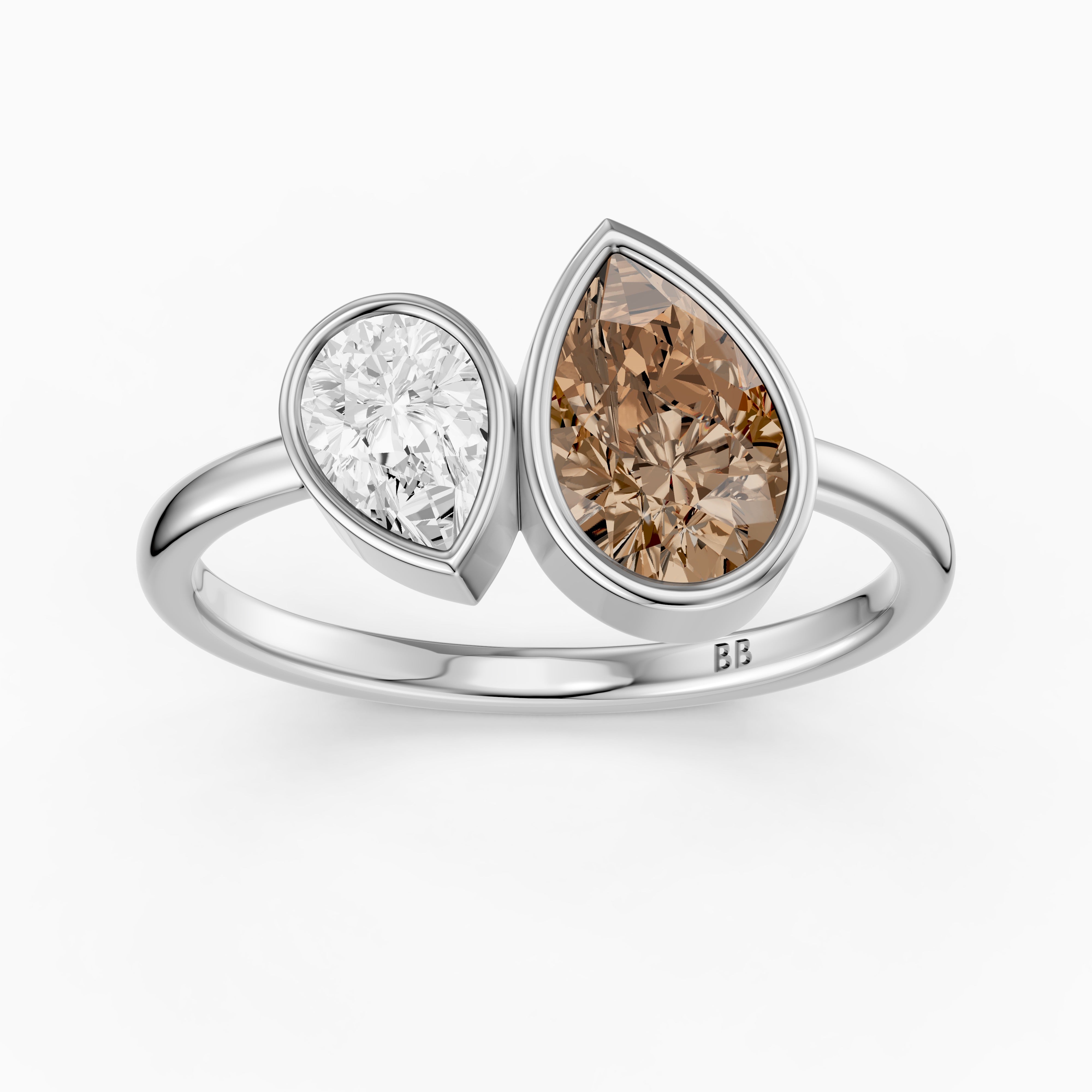 Ottilie Champagne and White Pear Cut Colored Lab Grown Diamond Toi et Moi Bezel Ring