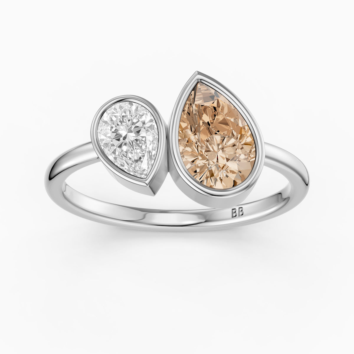 Ottilie Champagne and White Pear Cut Colored Lab Grown Diamond Toi et Moi Bezel Ring