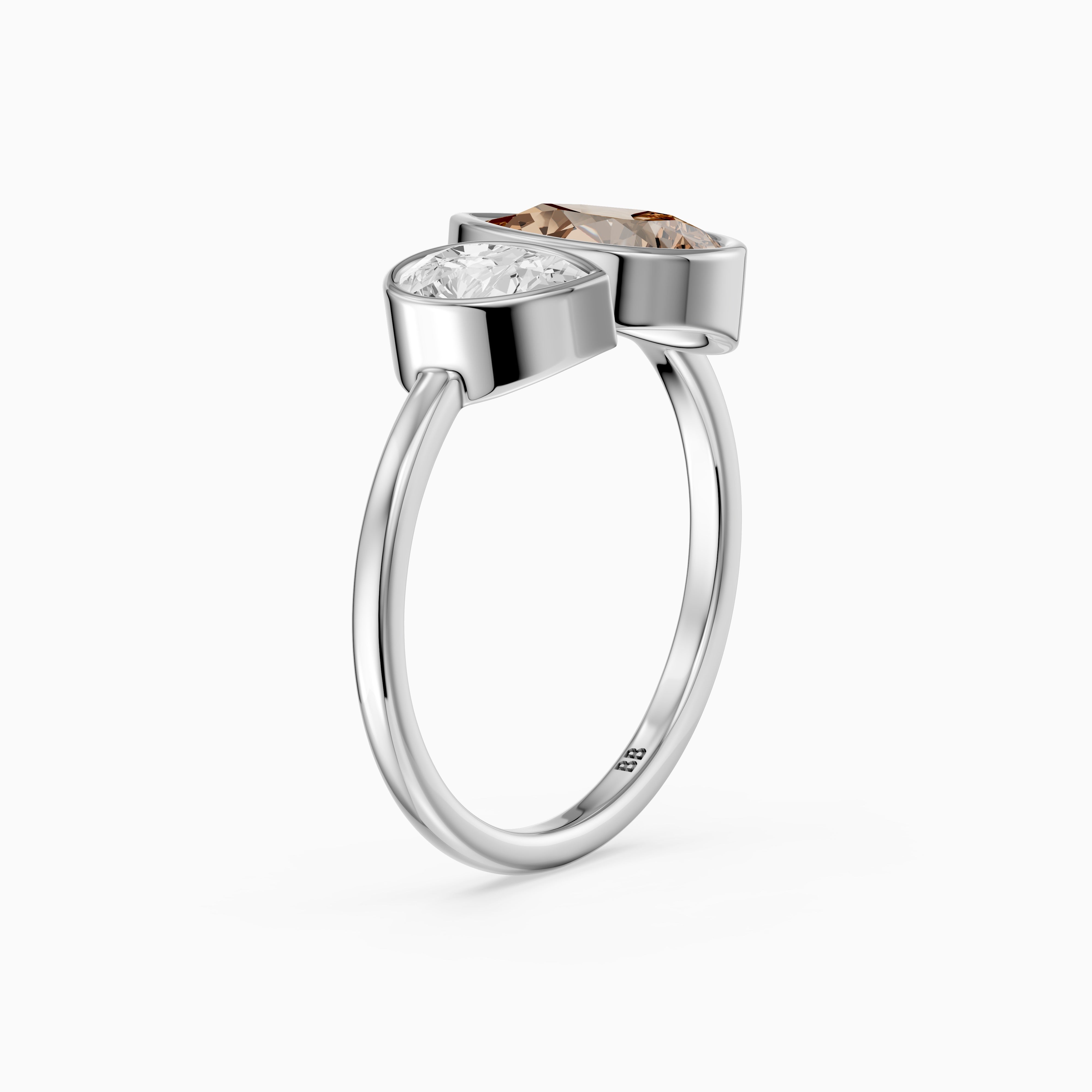 Ottilie Champagne and White Pear Cut Colored Lab Grown Diamond Toi et Moi Bezel Ring
