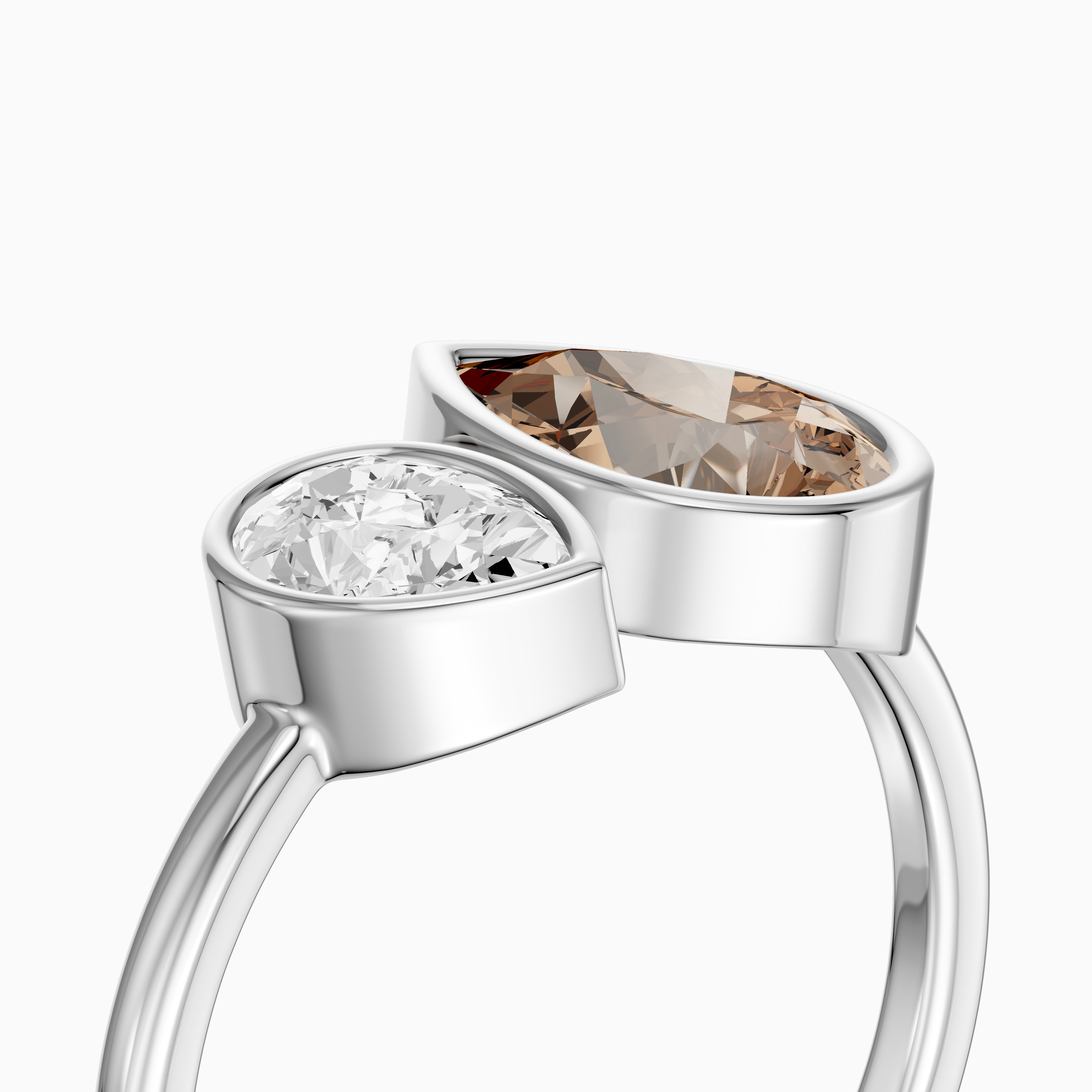 Ottilie Champagne and White Pear Cut Colored Lab Grown Diamond Toi et Moi Bezel Ring