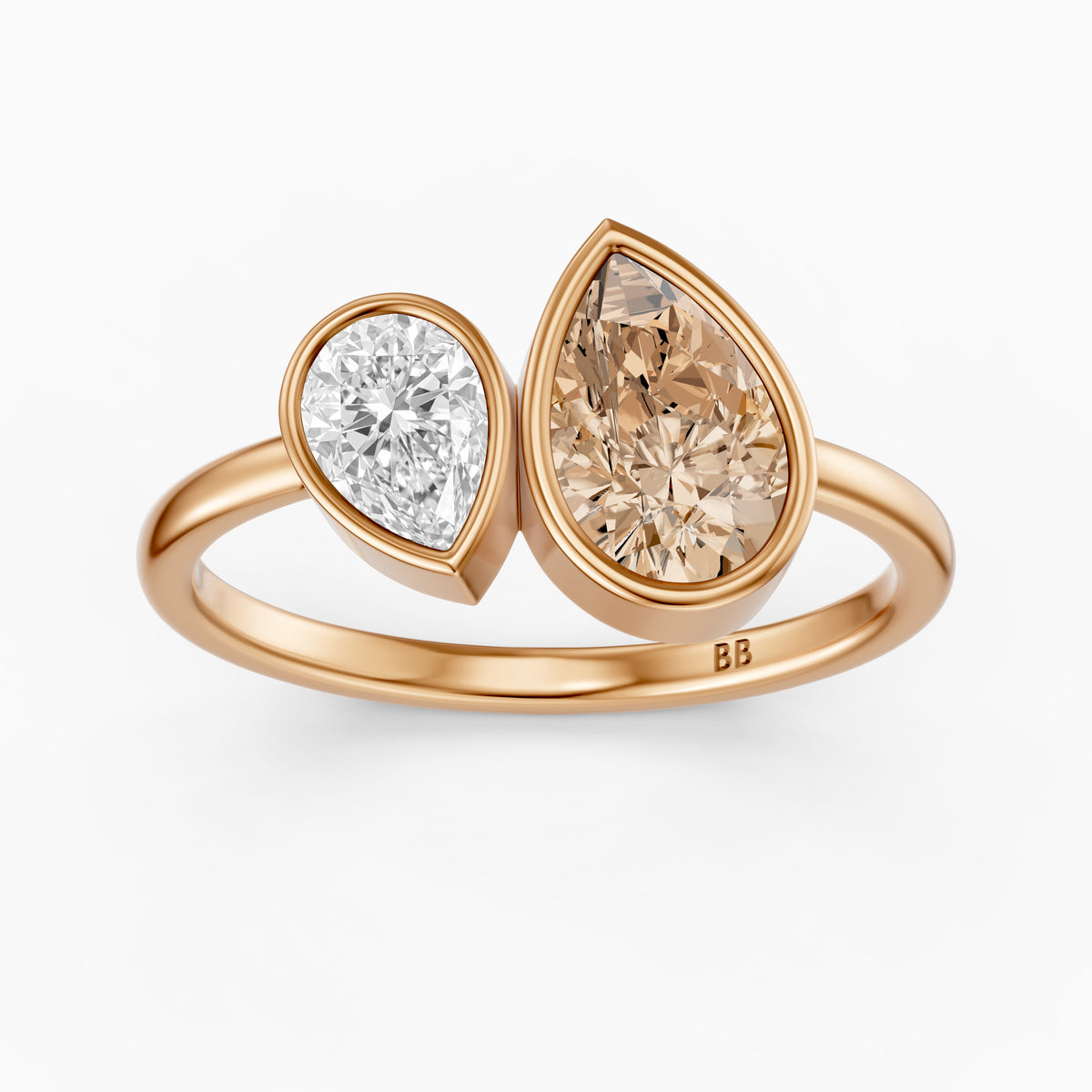 Ottilie Champagne and White Pear Cut Colored Lab Grown Diamond Toi et Moi Bezel Ring
