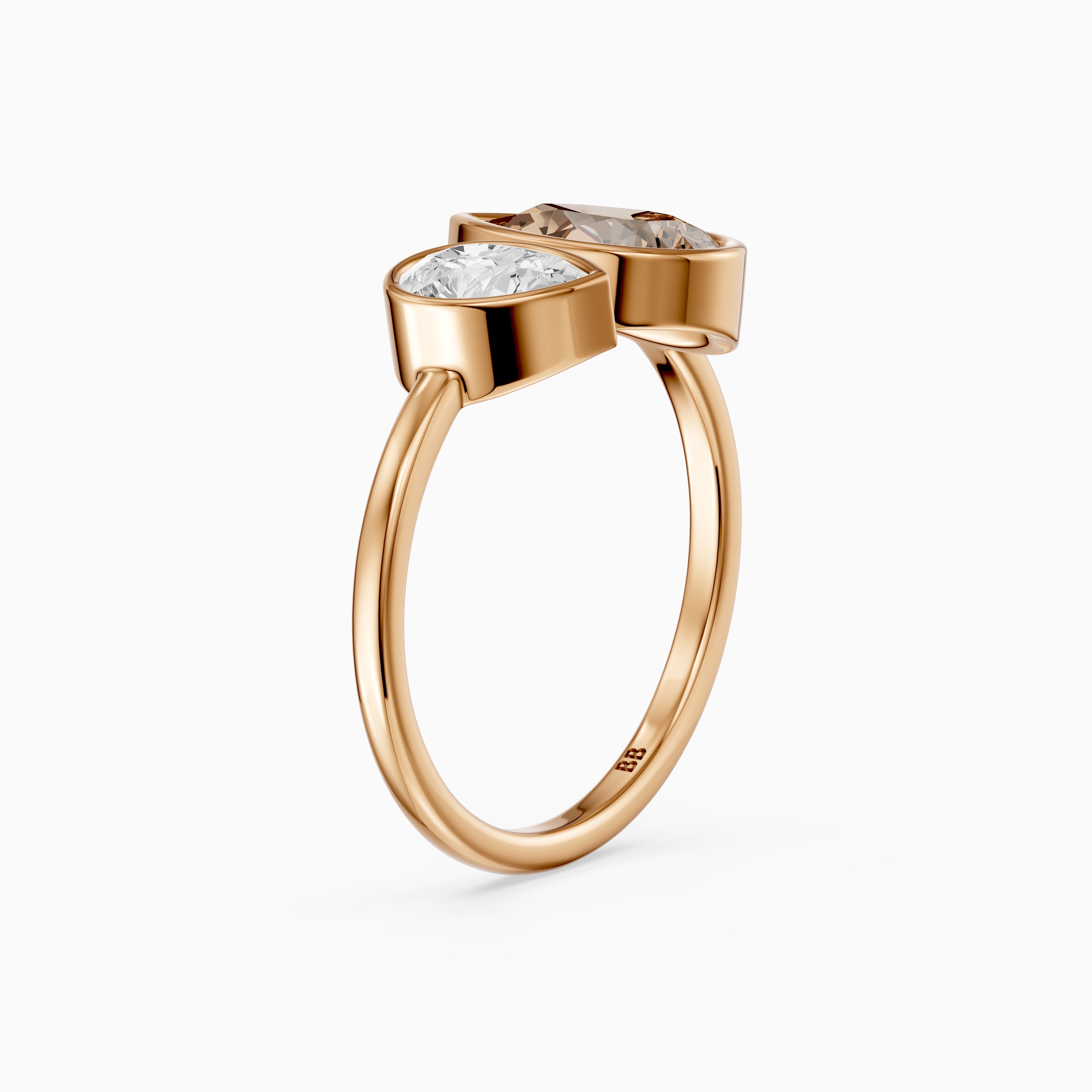 Ottilie Champagne and White Pear Cut Colored Lab Grown Diamond Toi et Moi Bezel Ring