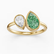 Oriana Green and White Pear Cut Colored Lab Grown Diamond Toi et Moi Bezel Ring