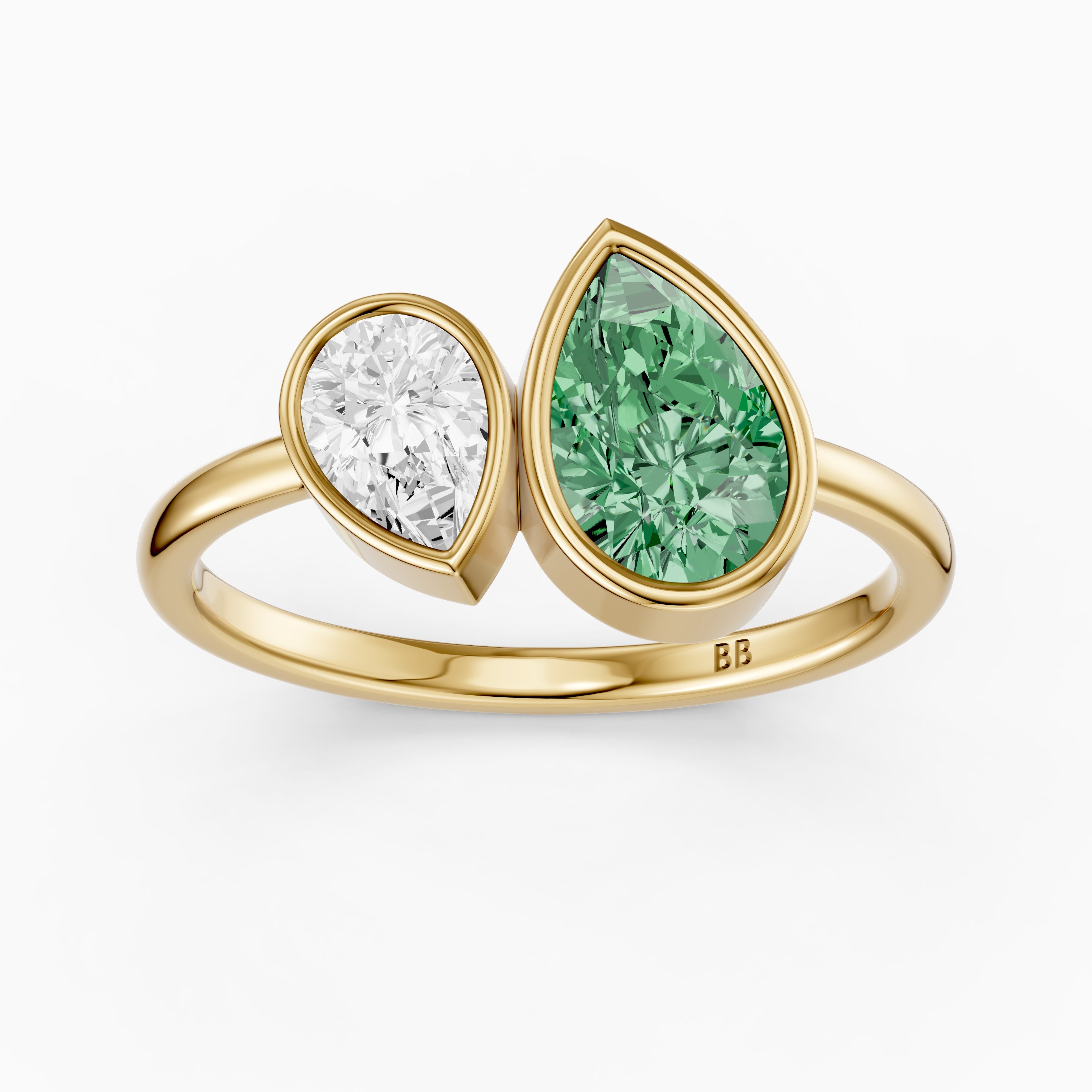 Oriana Green and White Pear Cut Colored Lab Grown Diamond Toi et Moi Bezel Ring