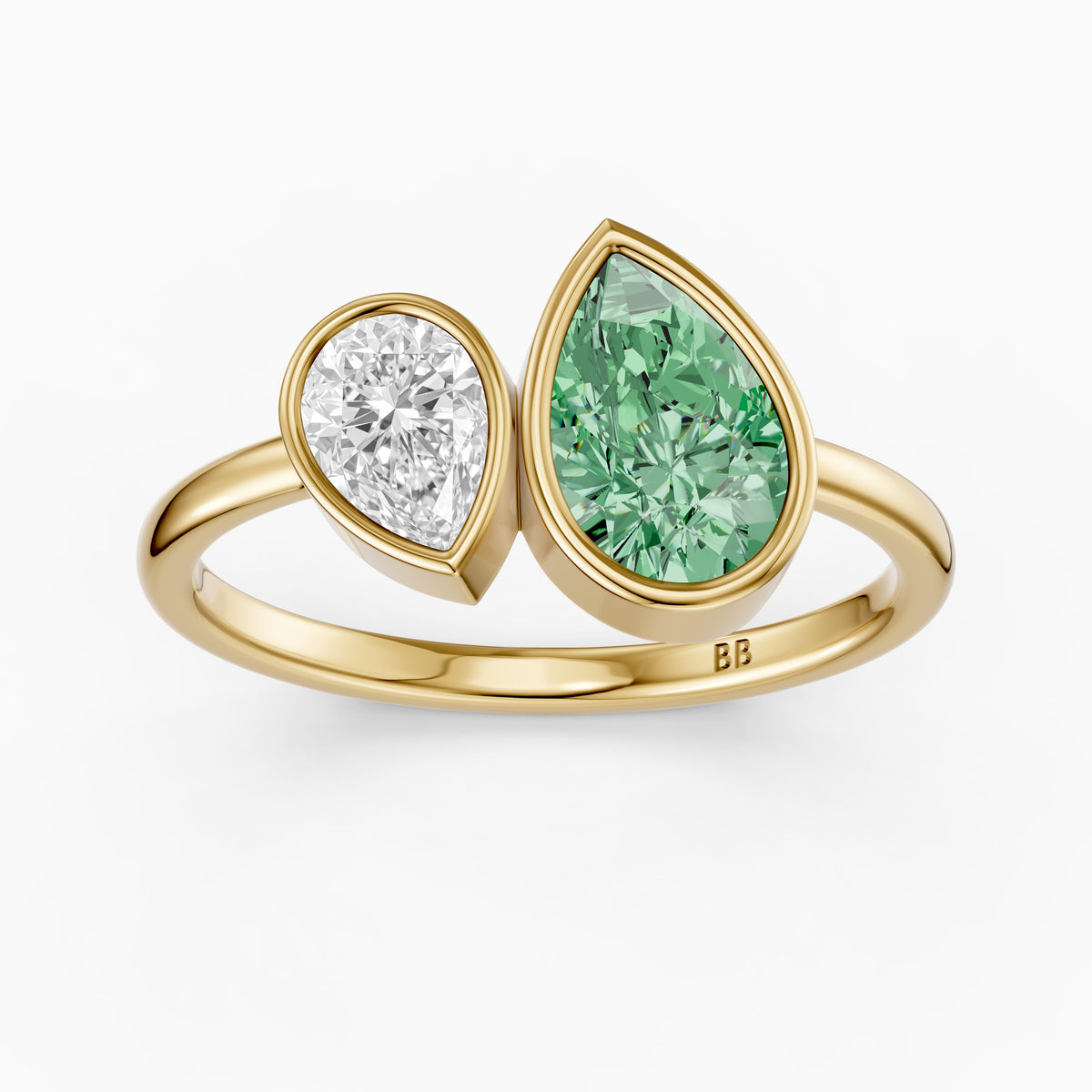 Oriana Green and White Pear Cut Colored Lab Grown Diamond Toi et Moi Bezel Ring