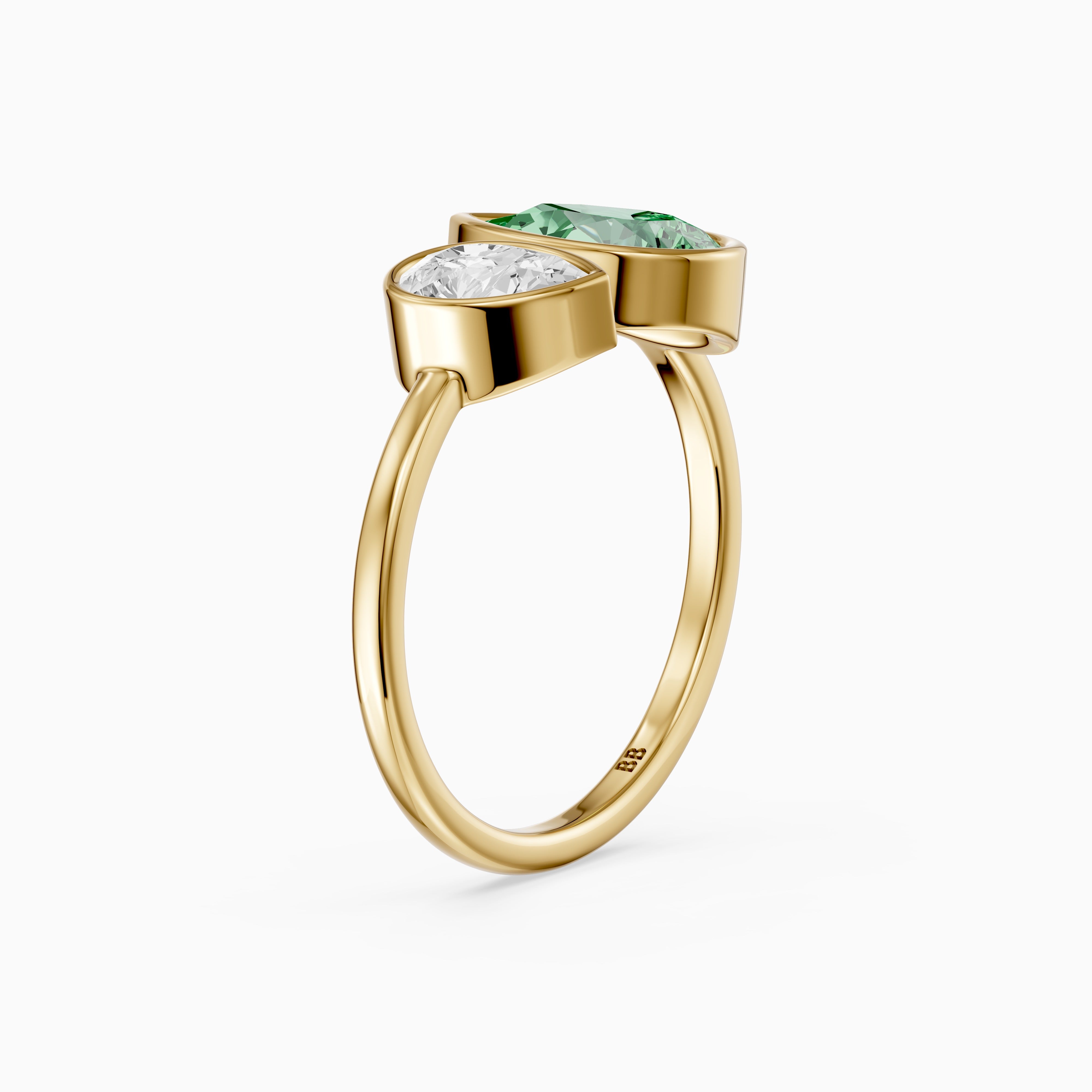 Oriana Green and White Pear Cut Colored Lab Grown Diamond Toi et Moi Bezel Ring