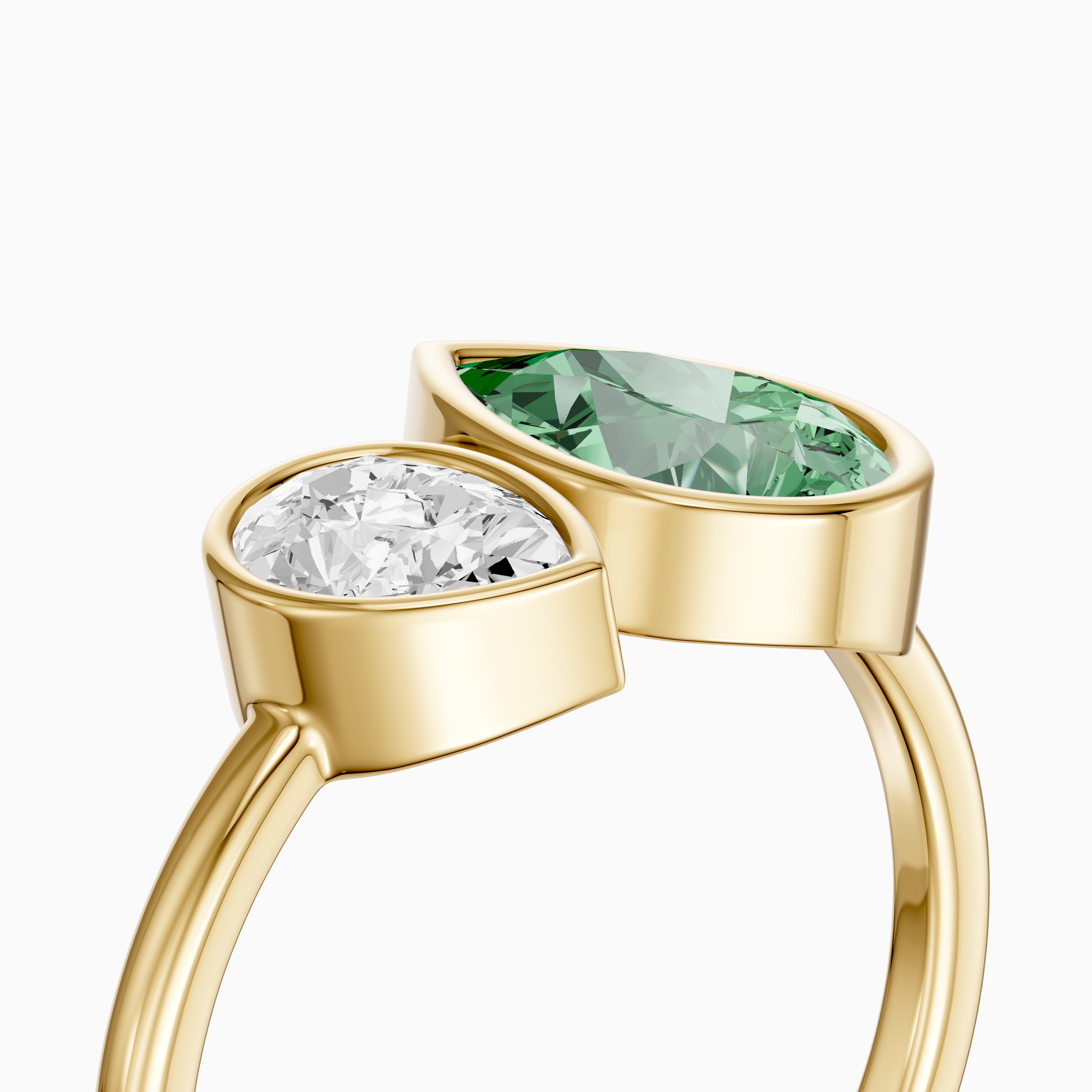 Oriana Green and White Pear Cut Colored Lab Grown Diamond Toi et Moi Bezel Ring