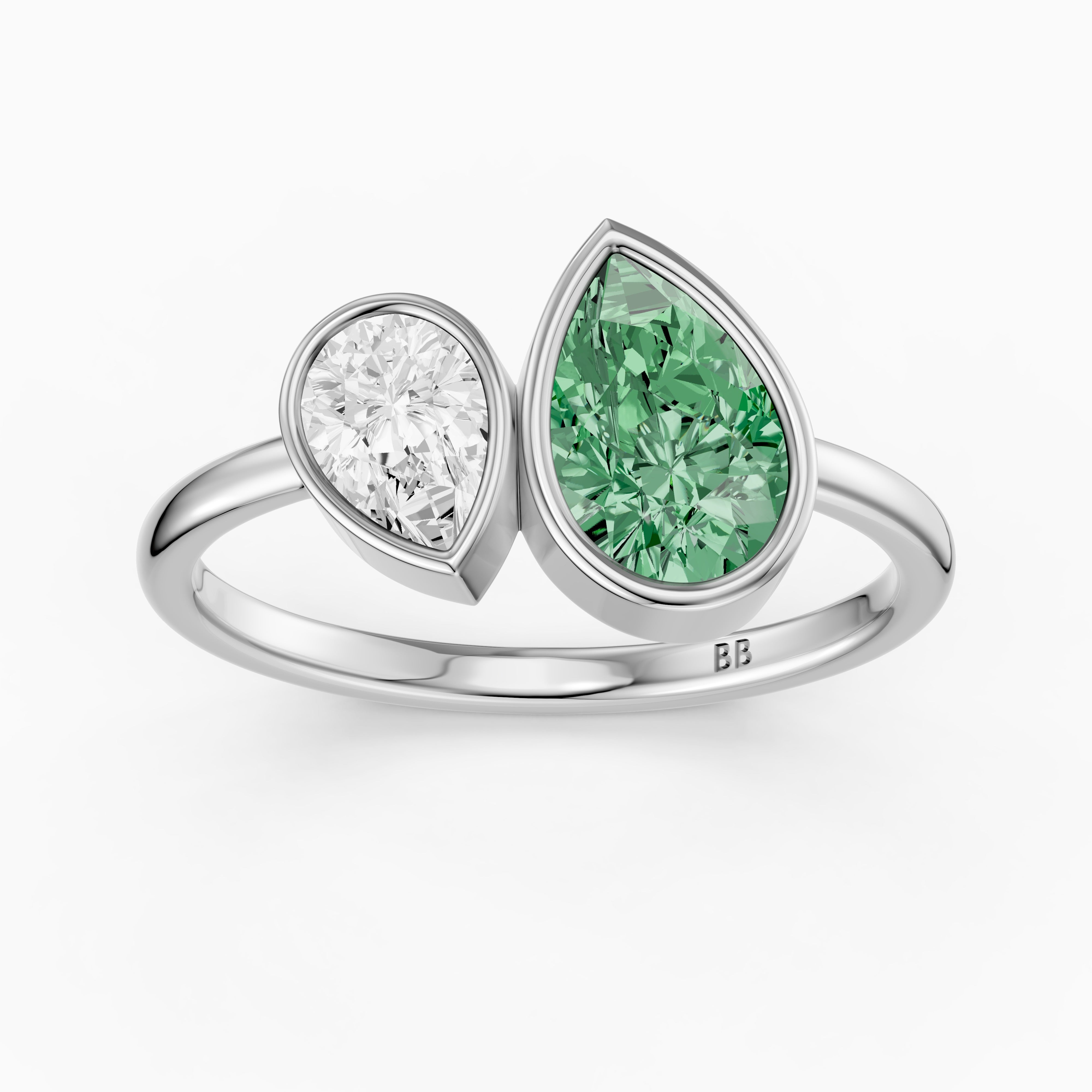 Oriana Green and White Pear Cut Colored Lab Grown Diamond Toi et Moi Bezel Ring