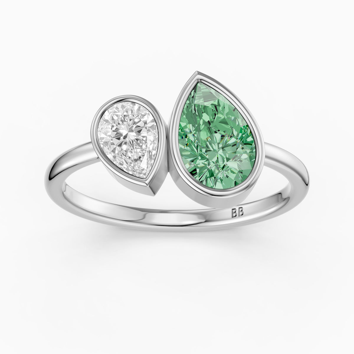 Oriana Green and White Pear Cut Colored Lab Grown Diamond Toi et Moi Bezel Ring