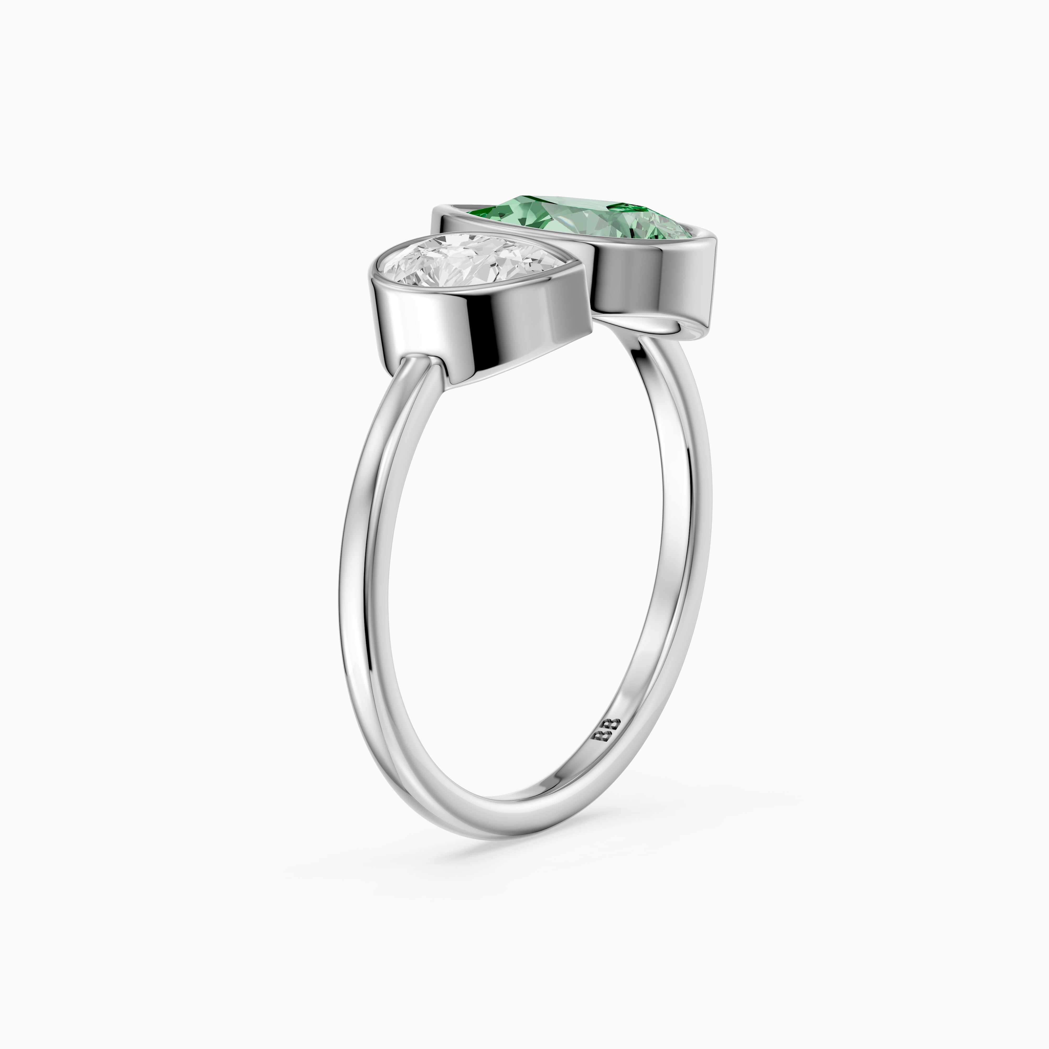 Oriana Green and White Pear Cut Colored Lab Grown Diamond Toi et Moi Bezel Ring