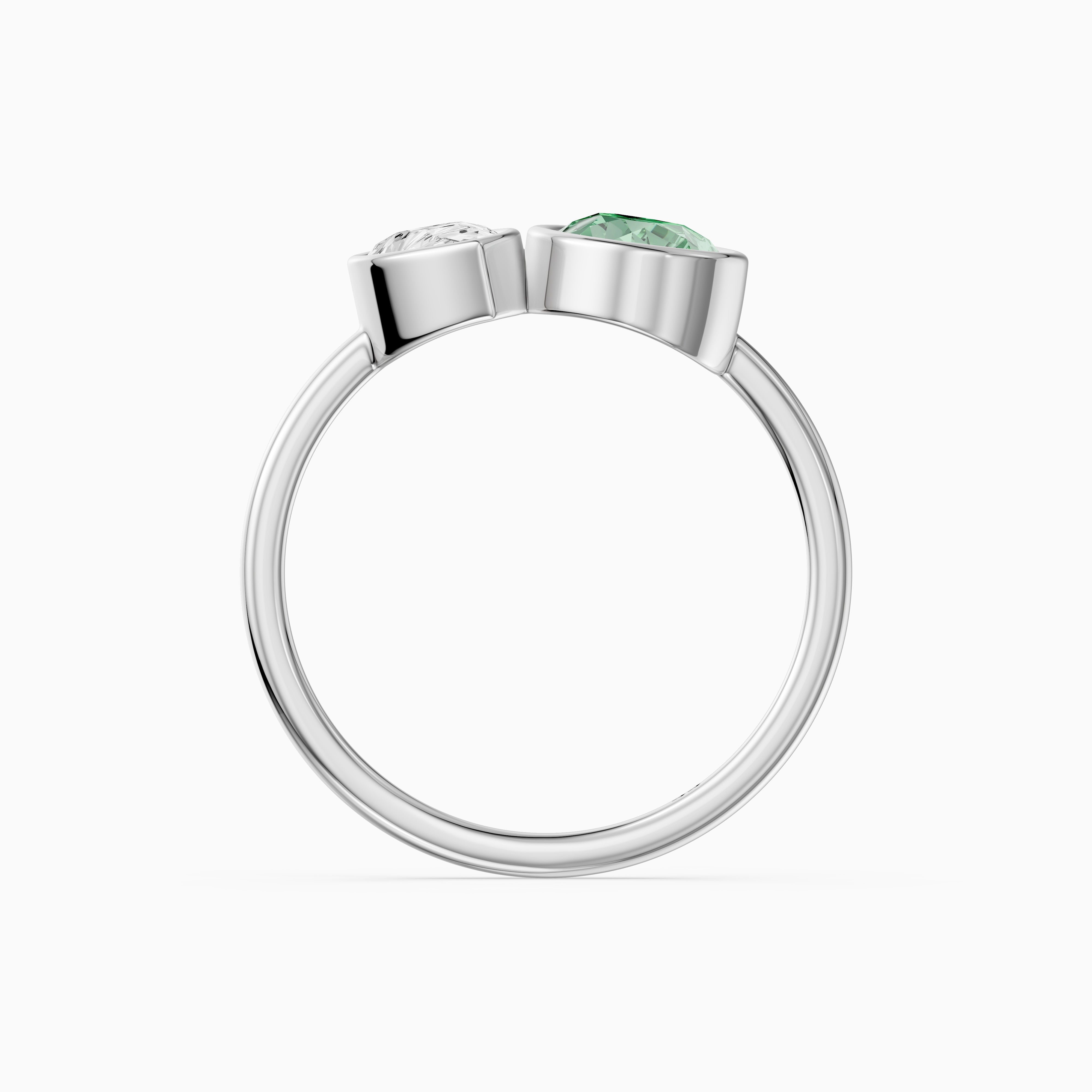 Oriana Green and White Pear Cut Colored Lab Grown Diamond Toi et Moi Bezel Ring