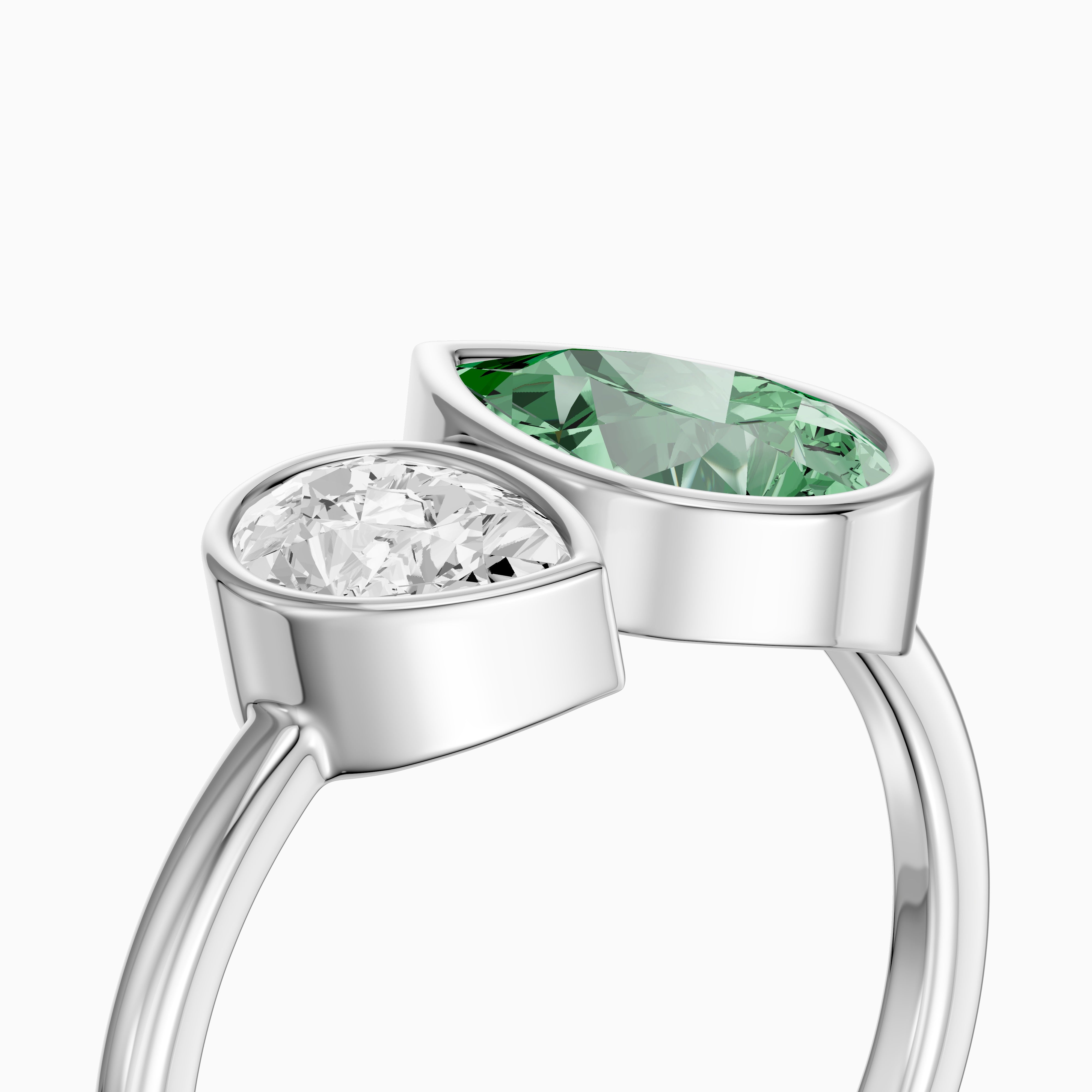 Oriana Green and White Pear Cut Colored Lab Grown Diamond Toi et Moi Bezel Ring