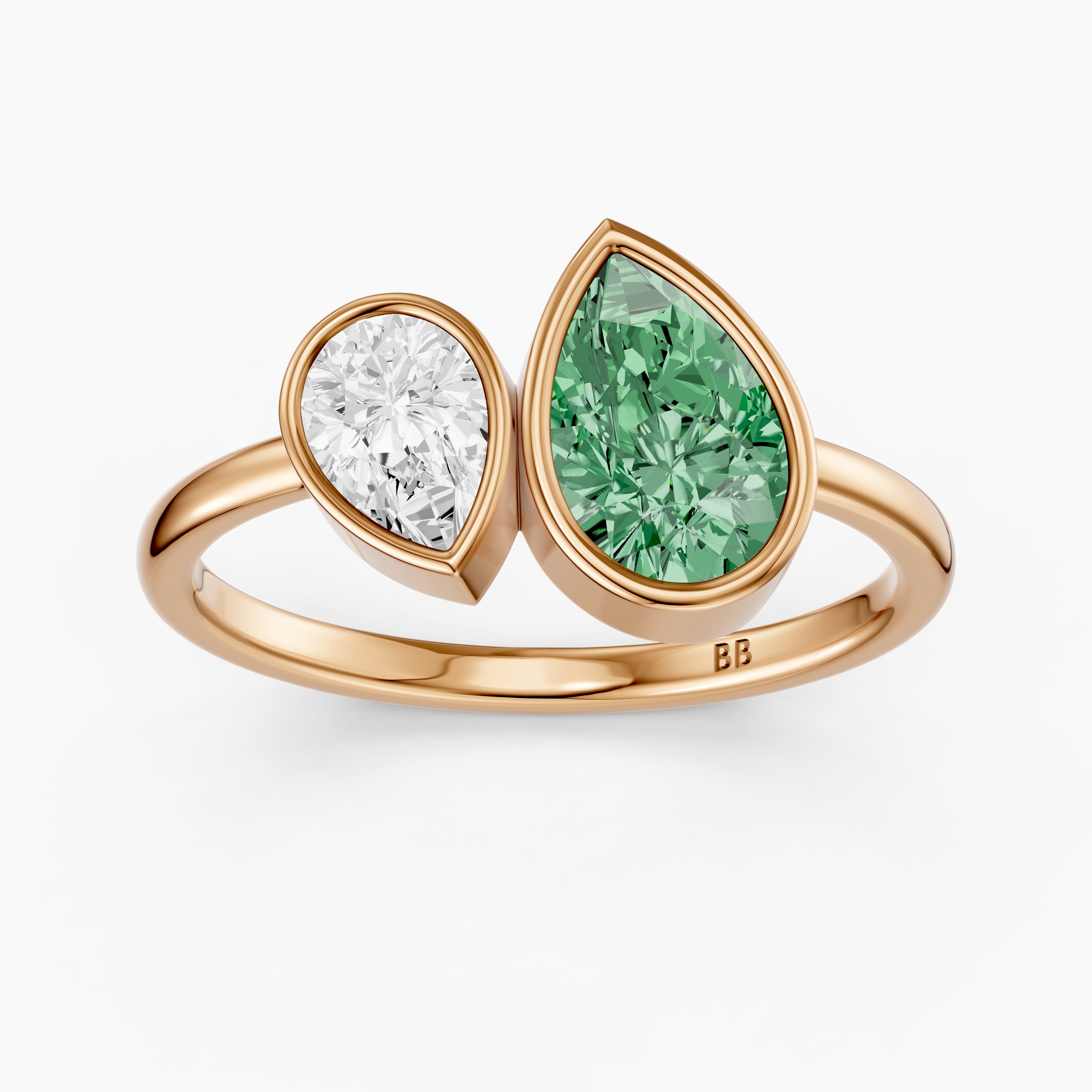 Oriana Green and White Pear Cut Colored Lab Grown Diamond Toi et Moi Bezel Ring