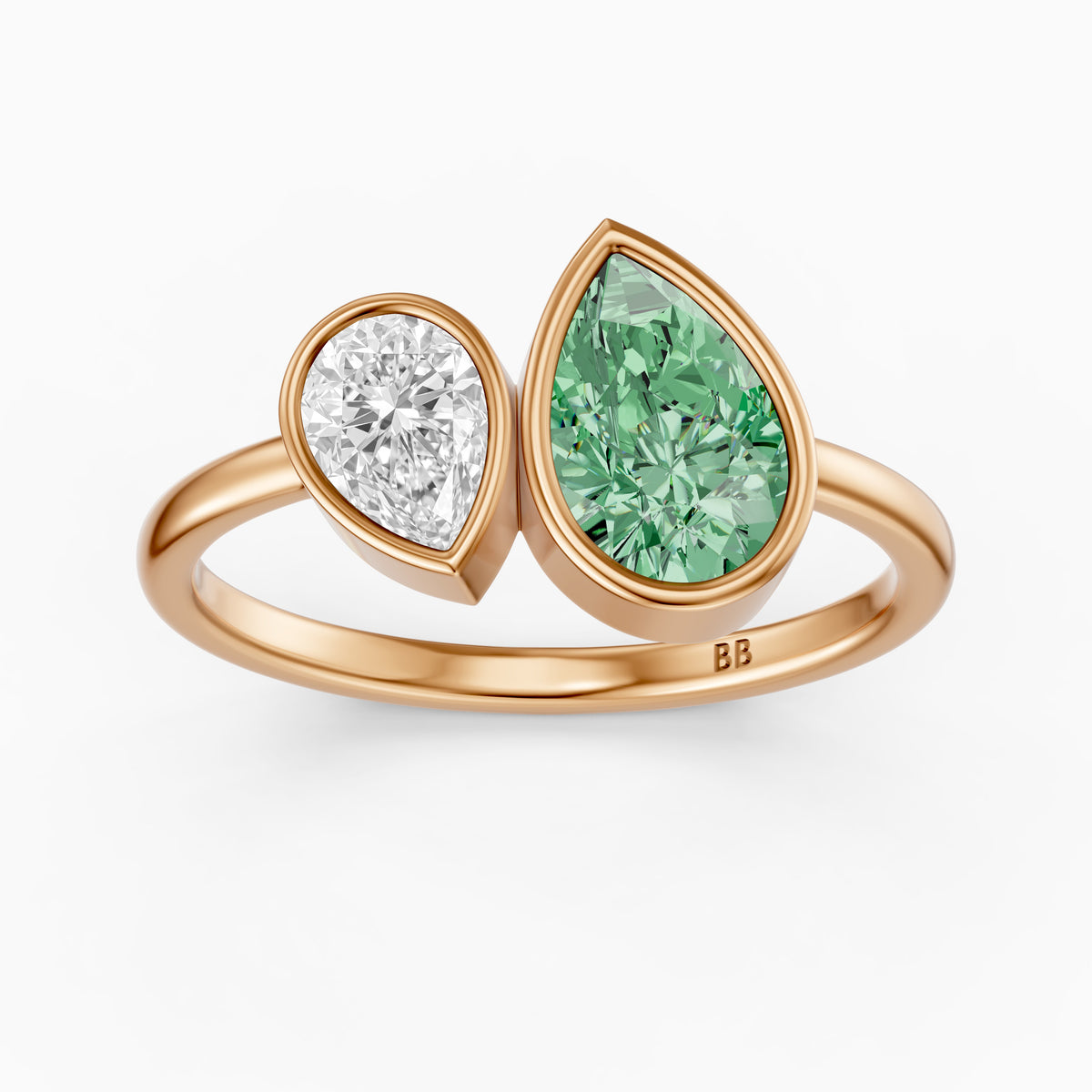 Oriana Green and White Pear Cut Colored Lab Grown Diamond Toi et Moi Bezel Ring