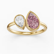 Prisca Pink and White Pear Cut Colored Lab Grown Diamond Toi et Moi Bezel Ring