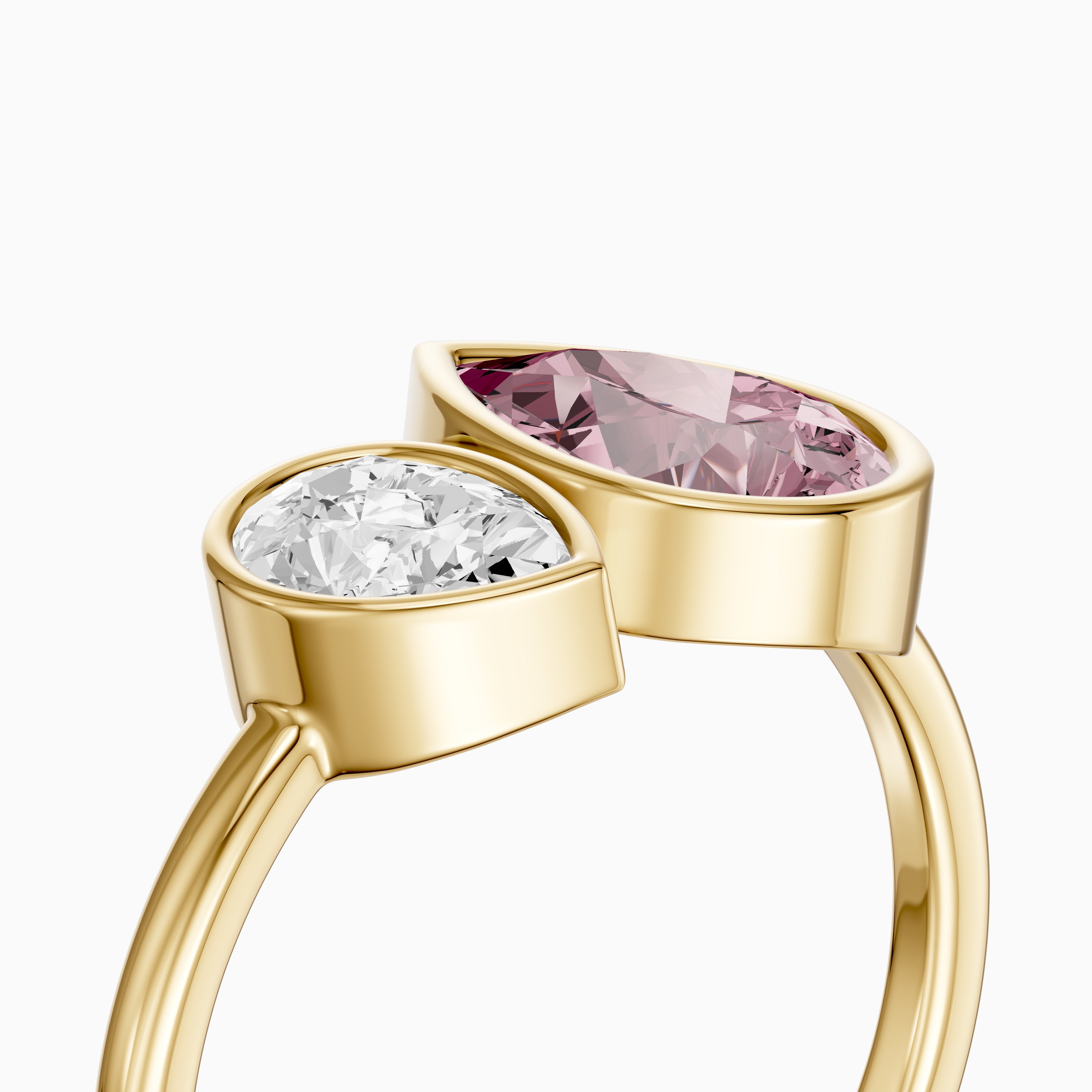 Prisca Pink and White Pear Cut Colored Lab Grown Diamond Toi et Moi Bezel Ring