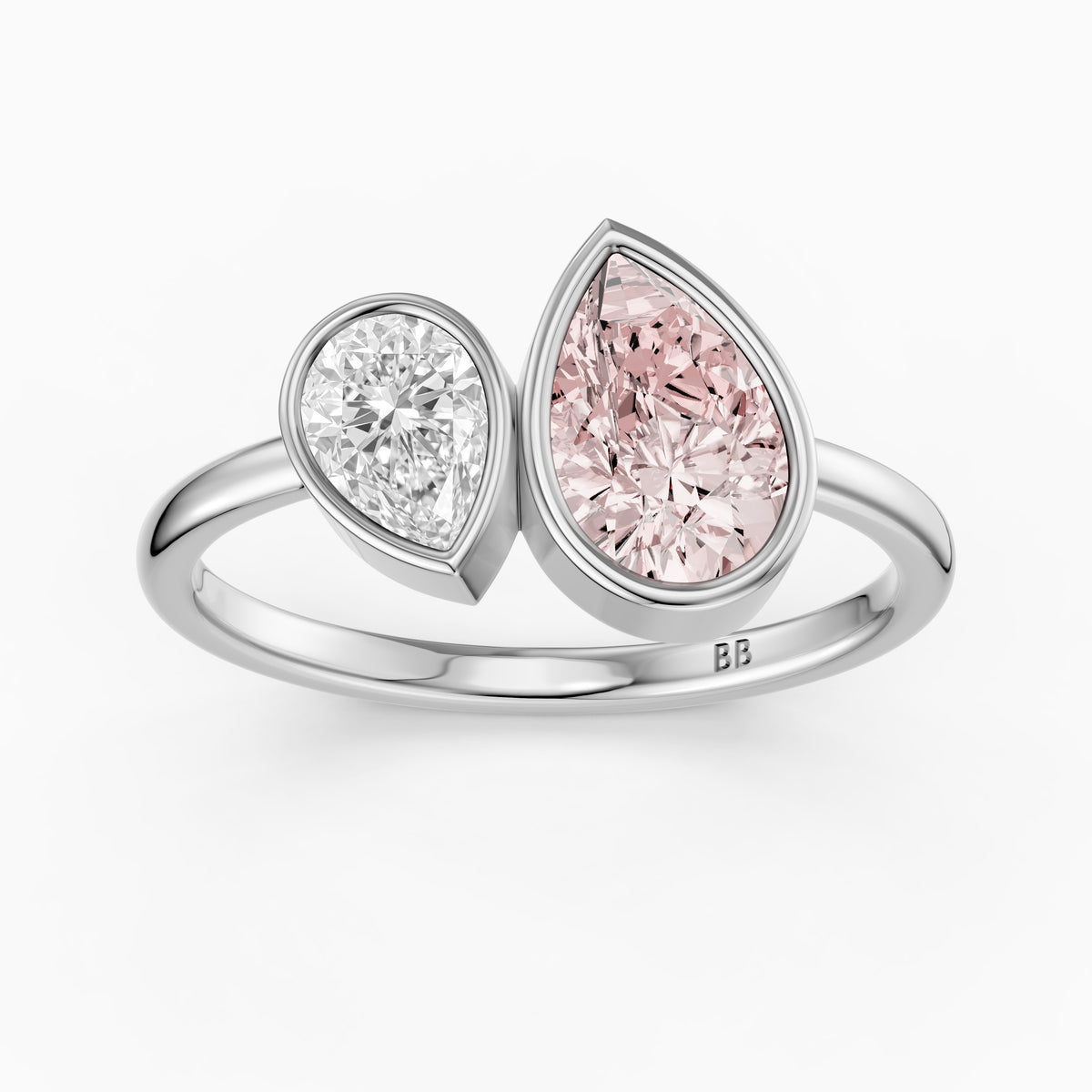 Prisca Pink and White Pear Cut Colored Lab Grown Diamond Toi et Moi Bezel Ring