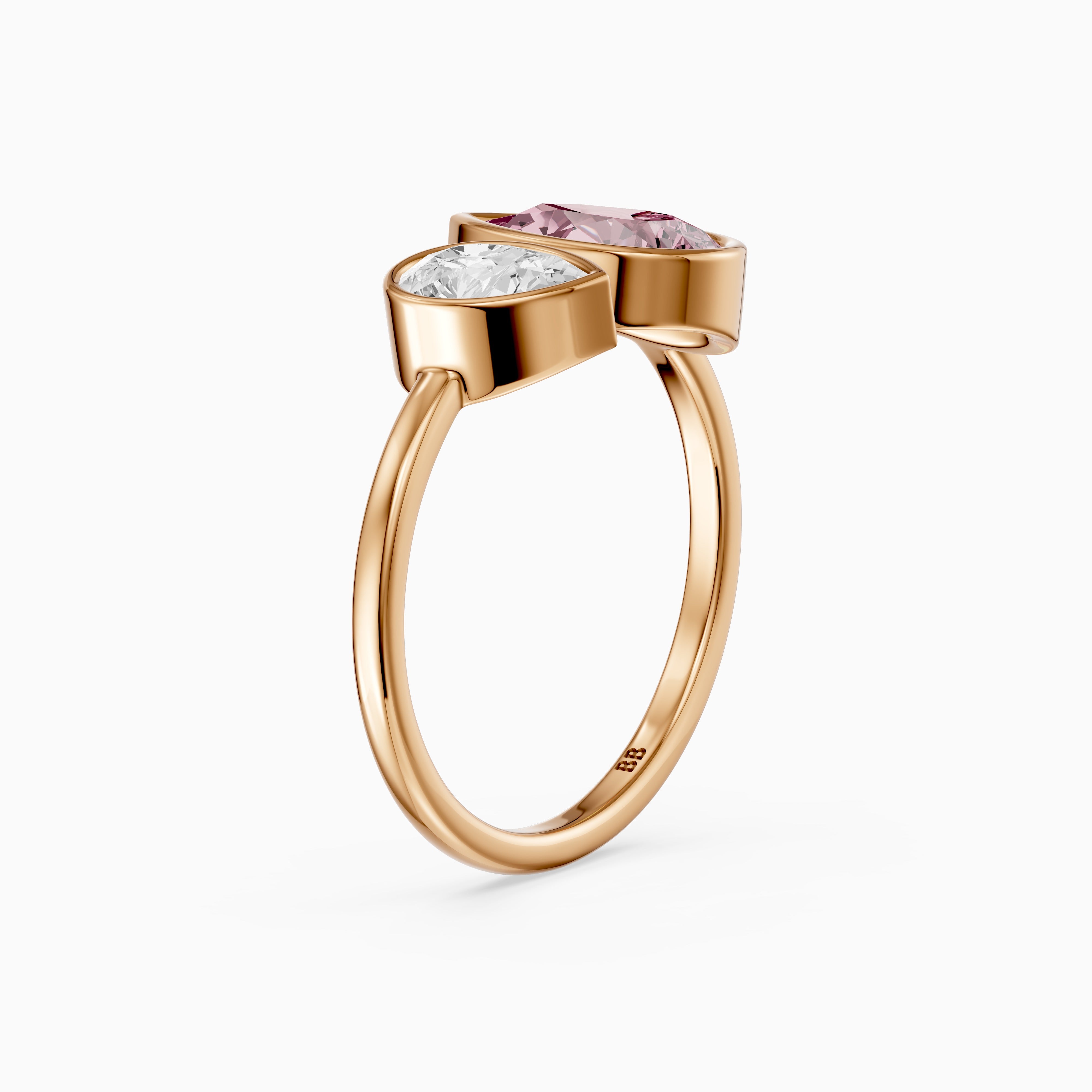 Prisca Pink and White Pear Cut Colored Lab Grown Diamond Toi et Moi Bezel Ring