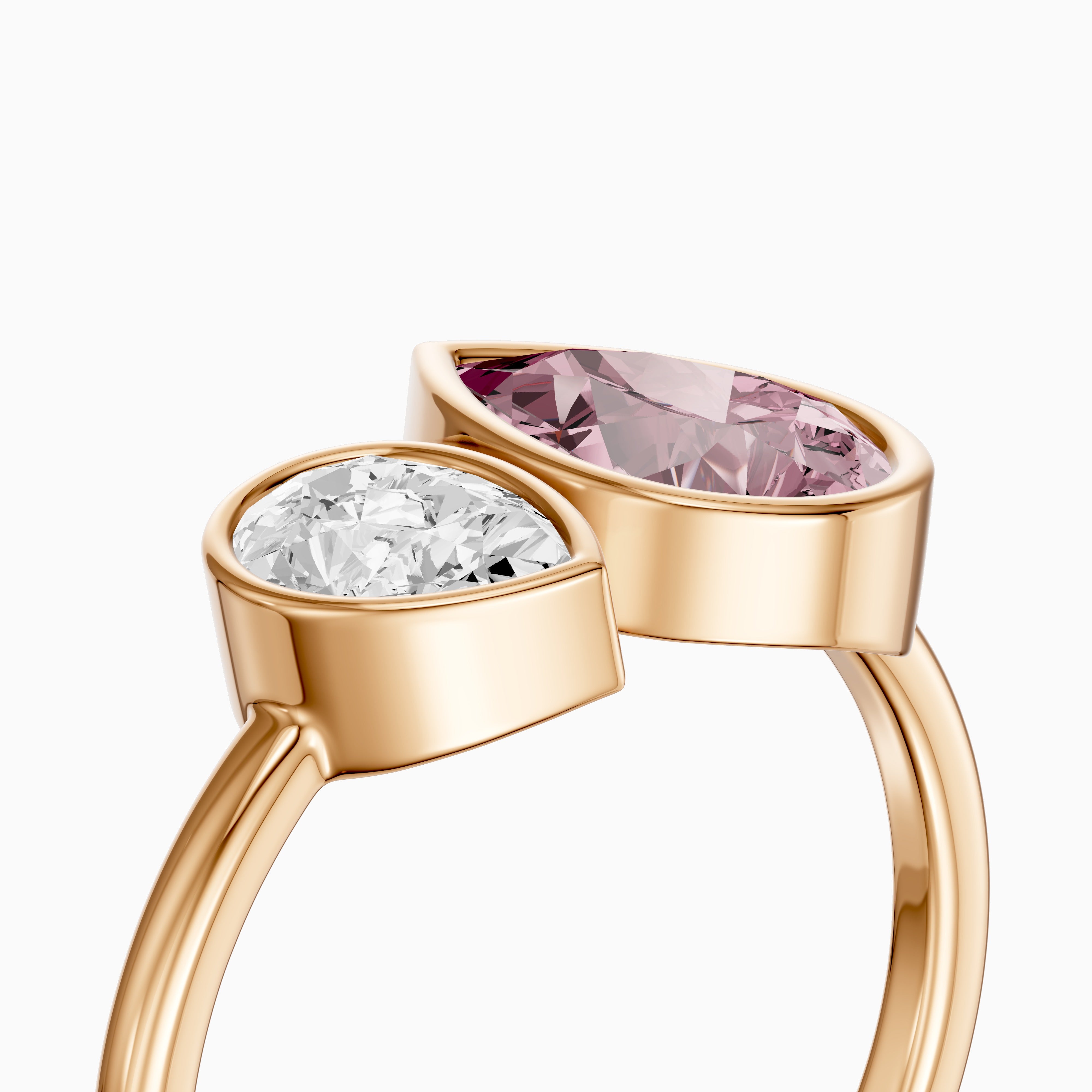 Prisca Pink and White Pear Cut Colored Lab Grown Diamond Toi et Moi Bezel Ring